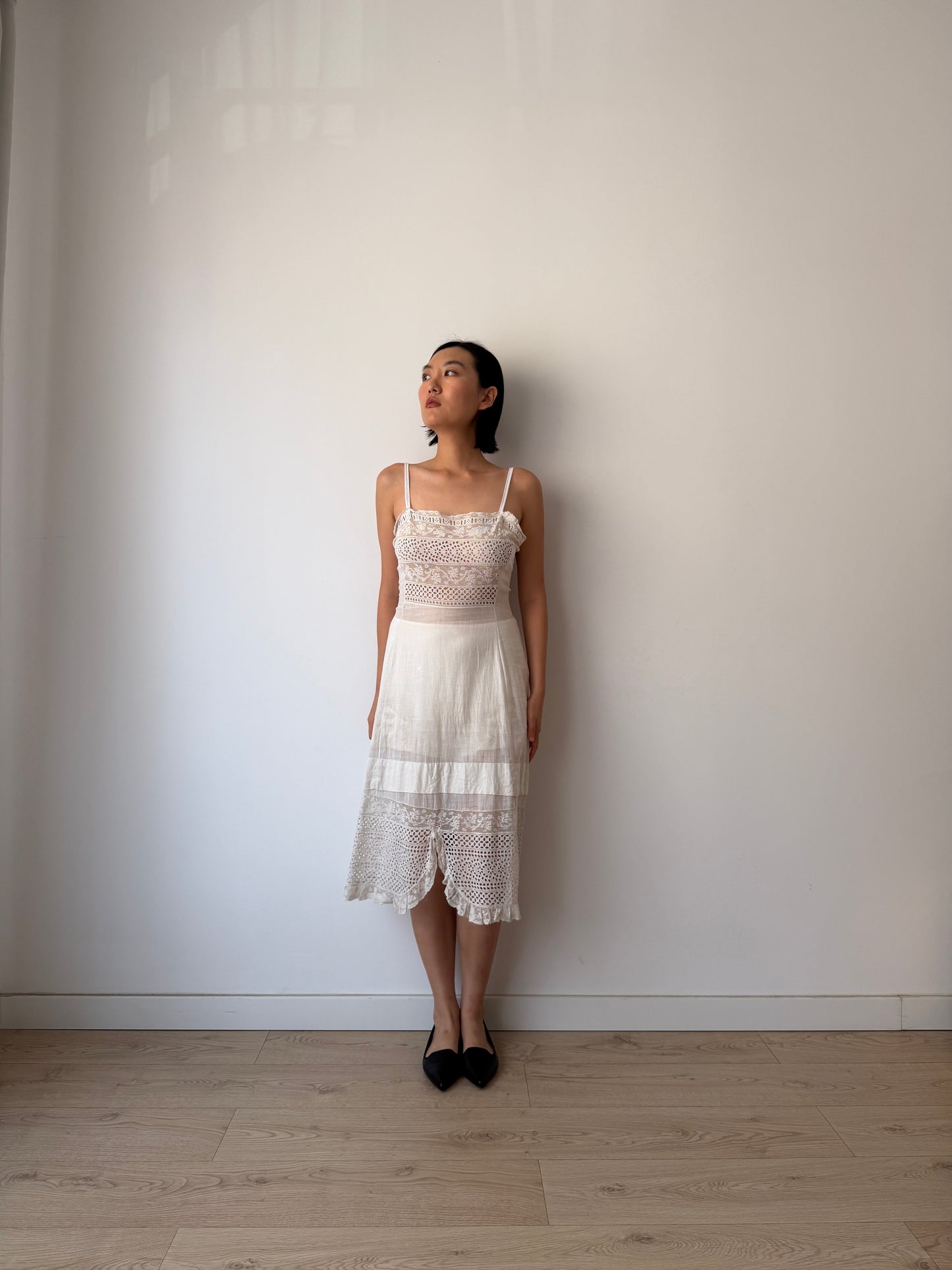 Antique Edwardian White Cotton Lawn Dress, Lace Embroidered Maxi, Romantic Cottage
