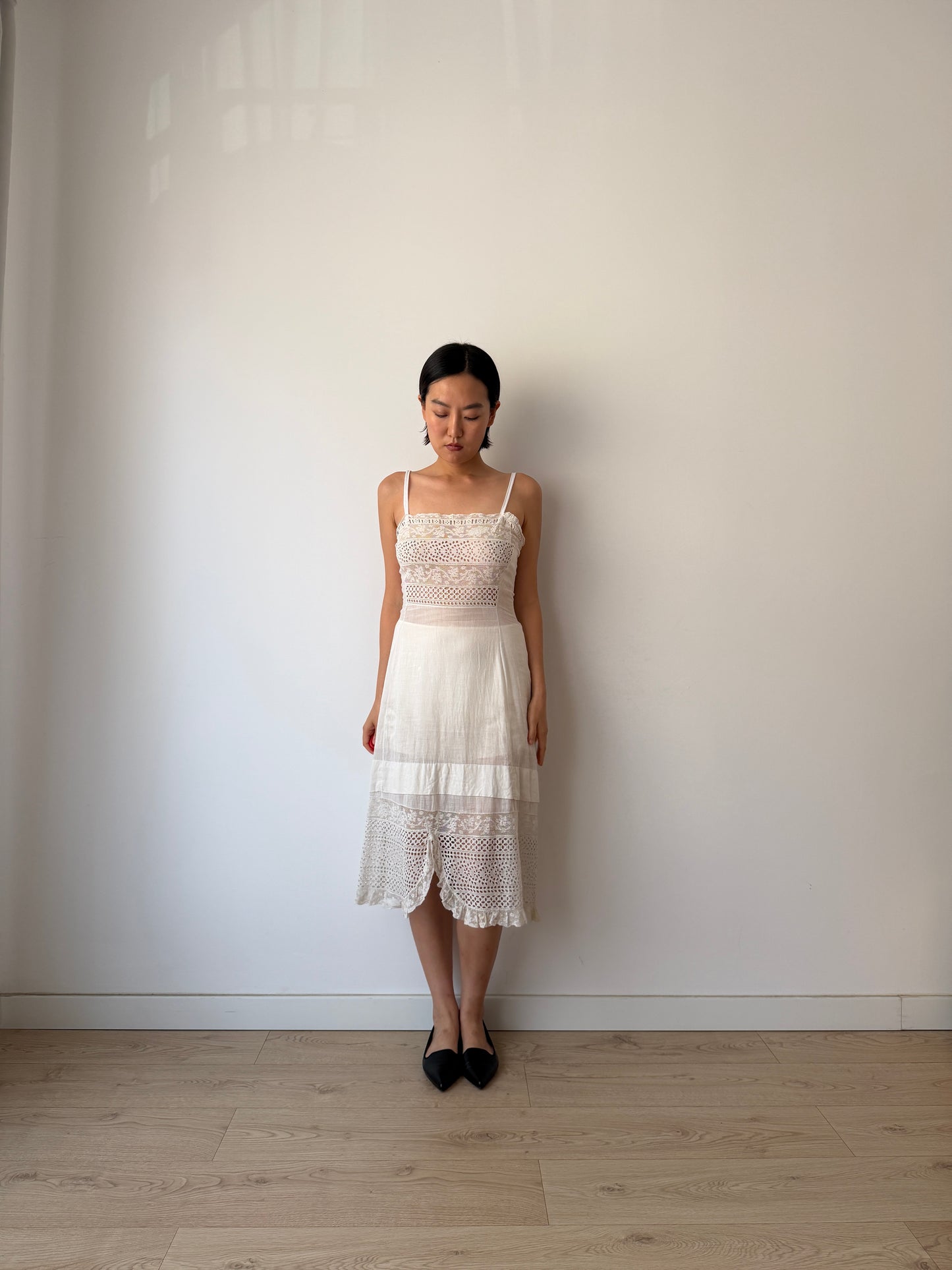 Antique Edwardian White Cotton Lawn Dress, Lace Embroidered Maxi, Romantic Cottage