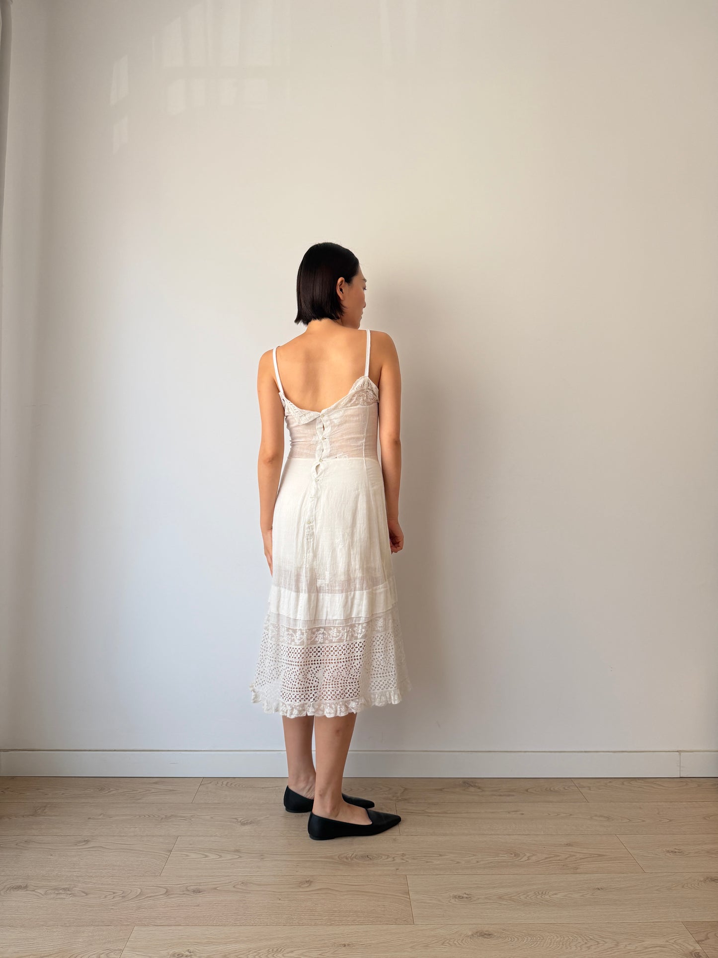 Antique Edwardian White Cotton Lawn Dress, Lace Embroidered Maxi, Romantic Cottage