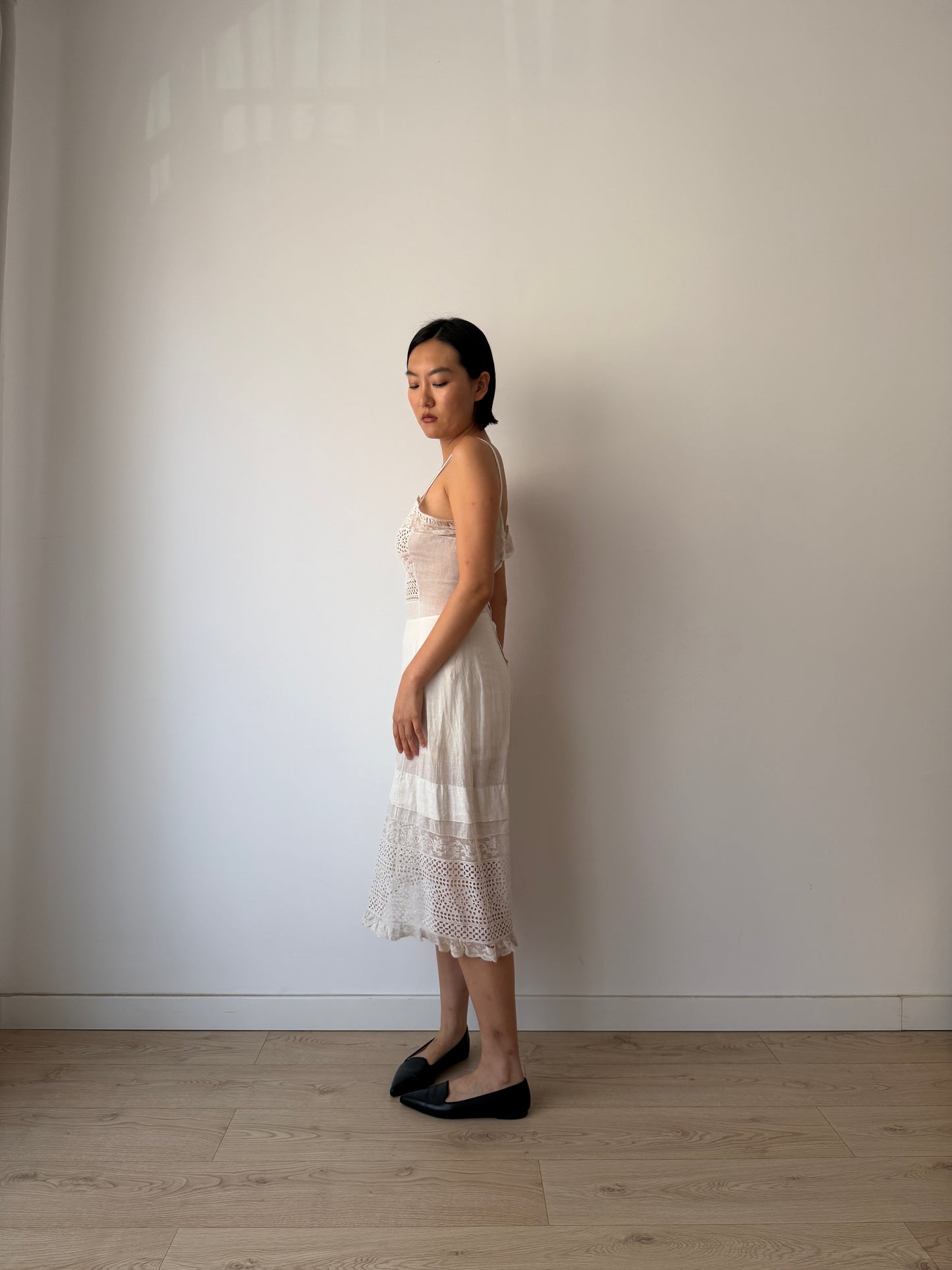 Antique Edwardian White Cotton Lawn Dress, Lace Embroidered Maxi, Romantic Cottage