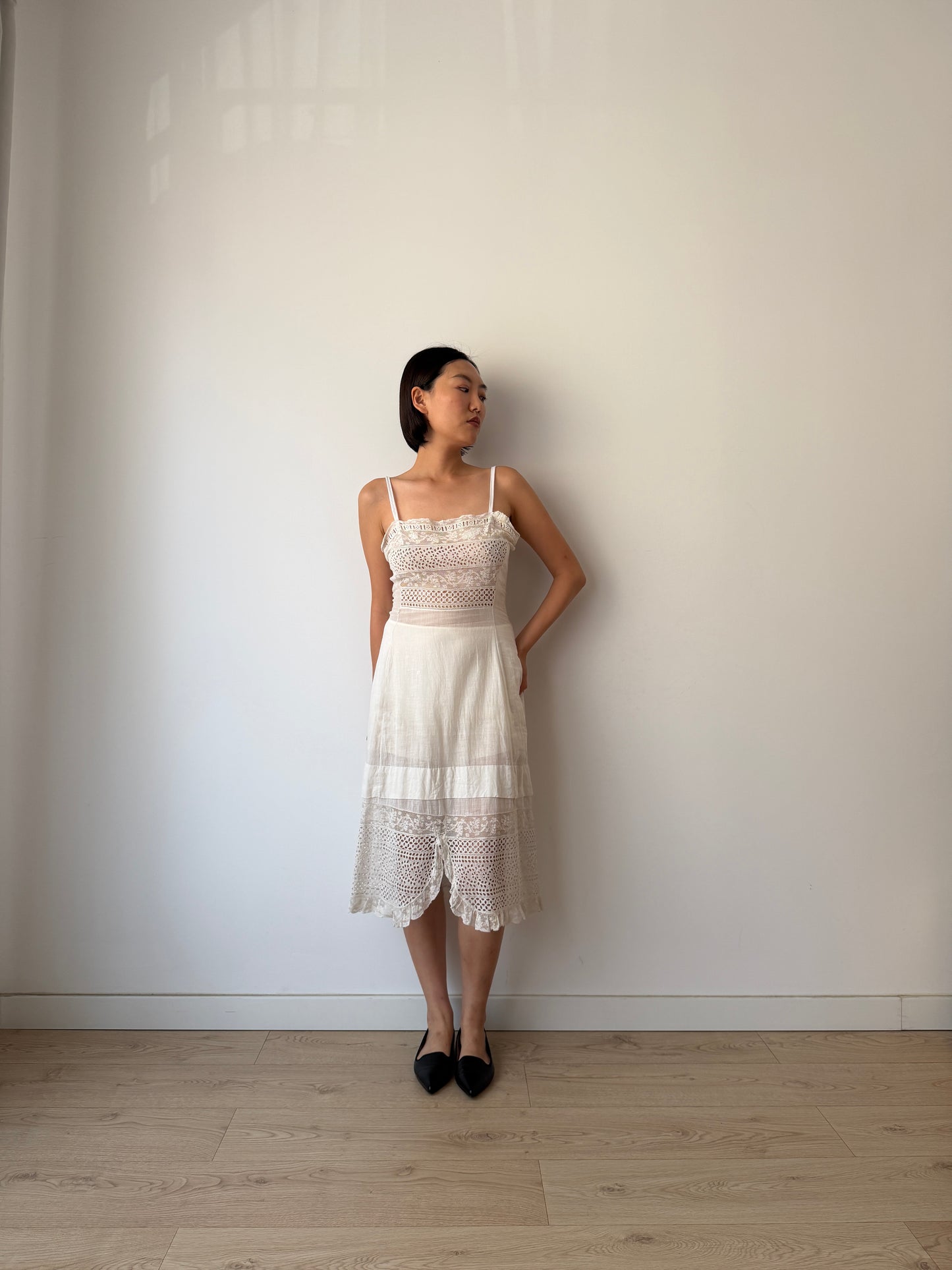 Antique Edwardian White Cotton Lawn Dress, Lace Embroidered Maxi, Romantic Cottage