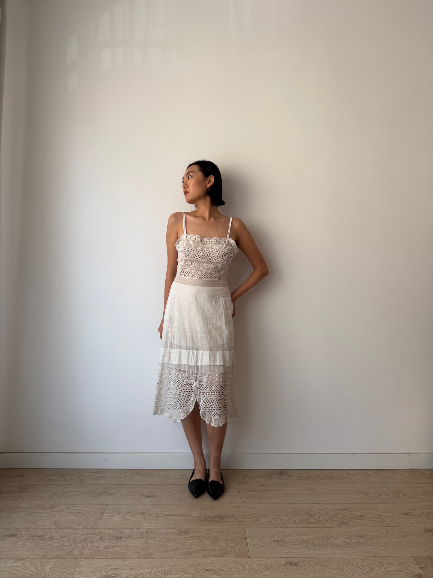 Antique Edwardian White Cotton Lawn Dress, Lace Embroidered Maxi, Romantic Cottage