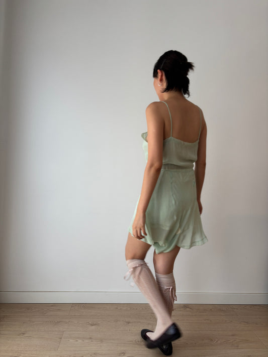1920s Green Silk Step In Romper with Bow Embroidery, Antique Boudoir Romantic Mini Lace Jumpsuit
