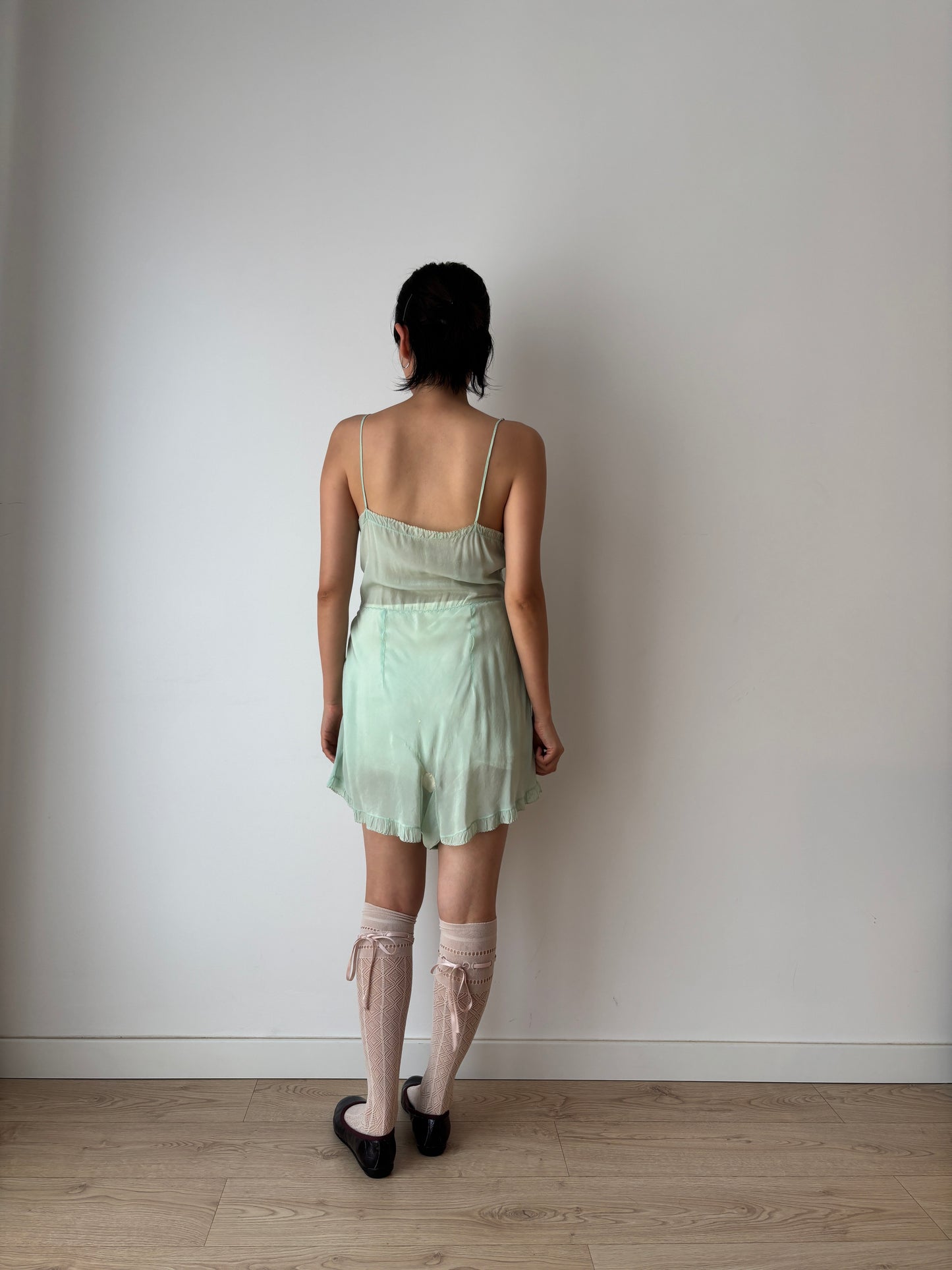 1920s Green Silk Step In Romper with Bow Embroidery, Antique Boudoir Romantic Mini Lace Jumpsuit
