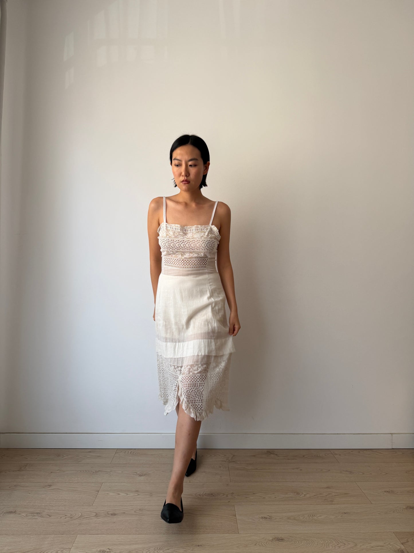 Antique Edwardian White Cotton Lawn Dress, Lace Embroidered Maxi, Romantic Cottage