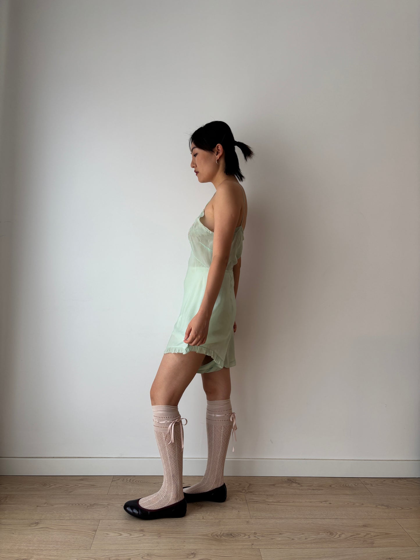 1920s Green Silk Step In Romper with Bow Embroidery, Antique Boudoir Romantic Mini Lace Jumpsuit