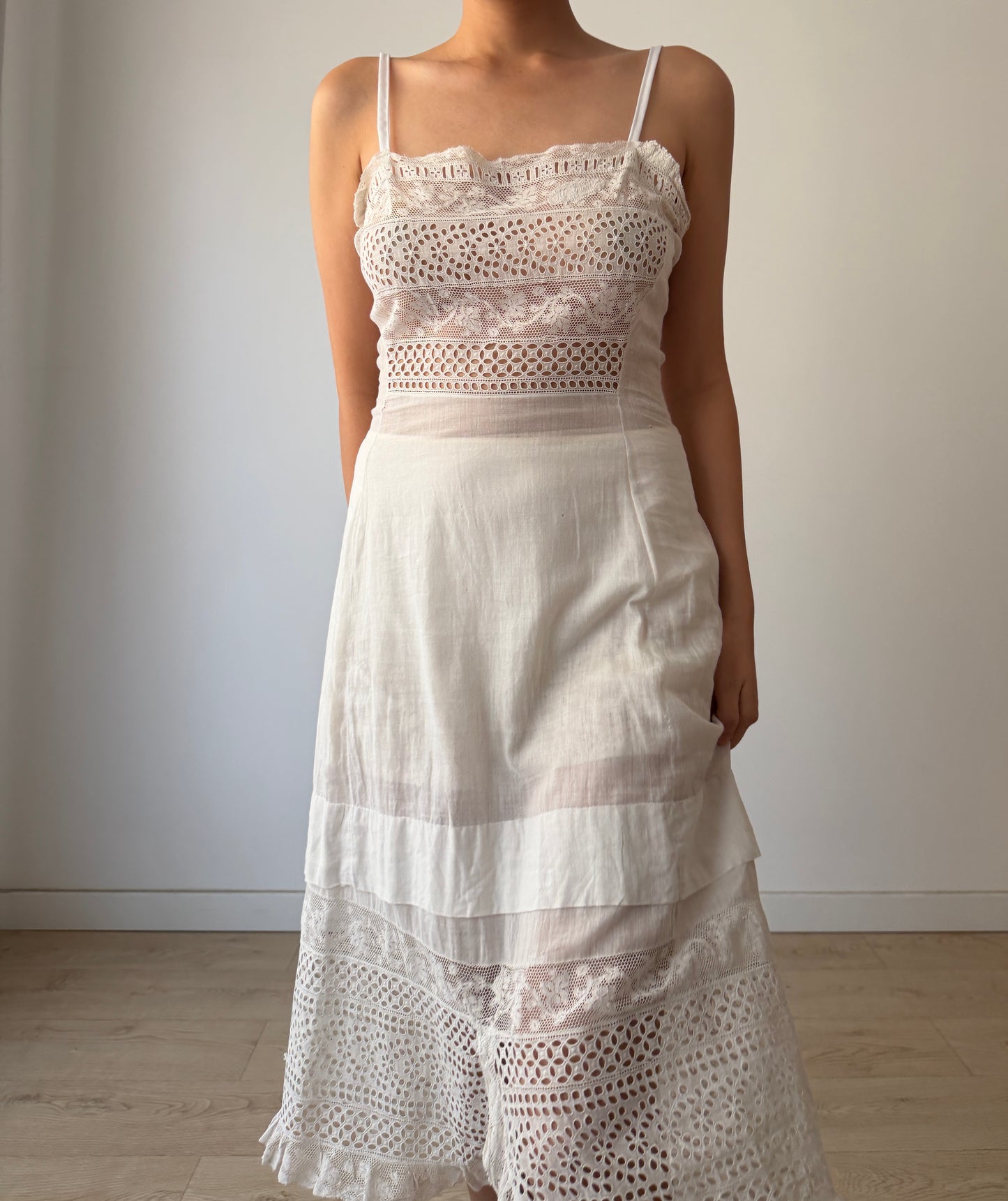 Antique Edwardian White Cotton Lawn Dress, Lace Embroidered Maxi, Romantic Cottage