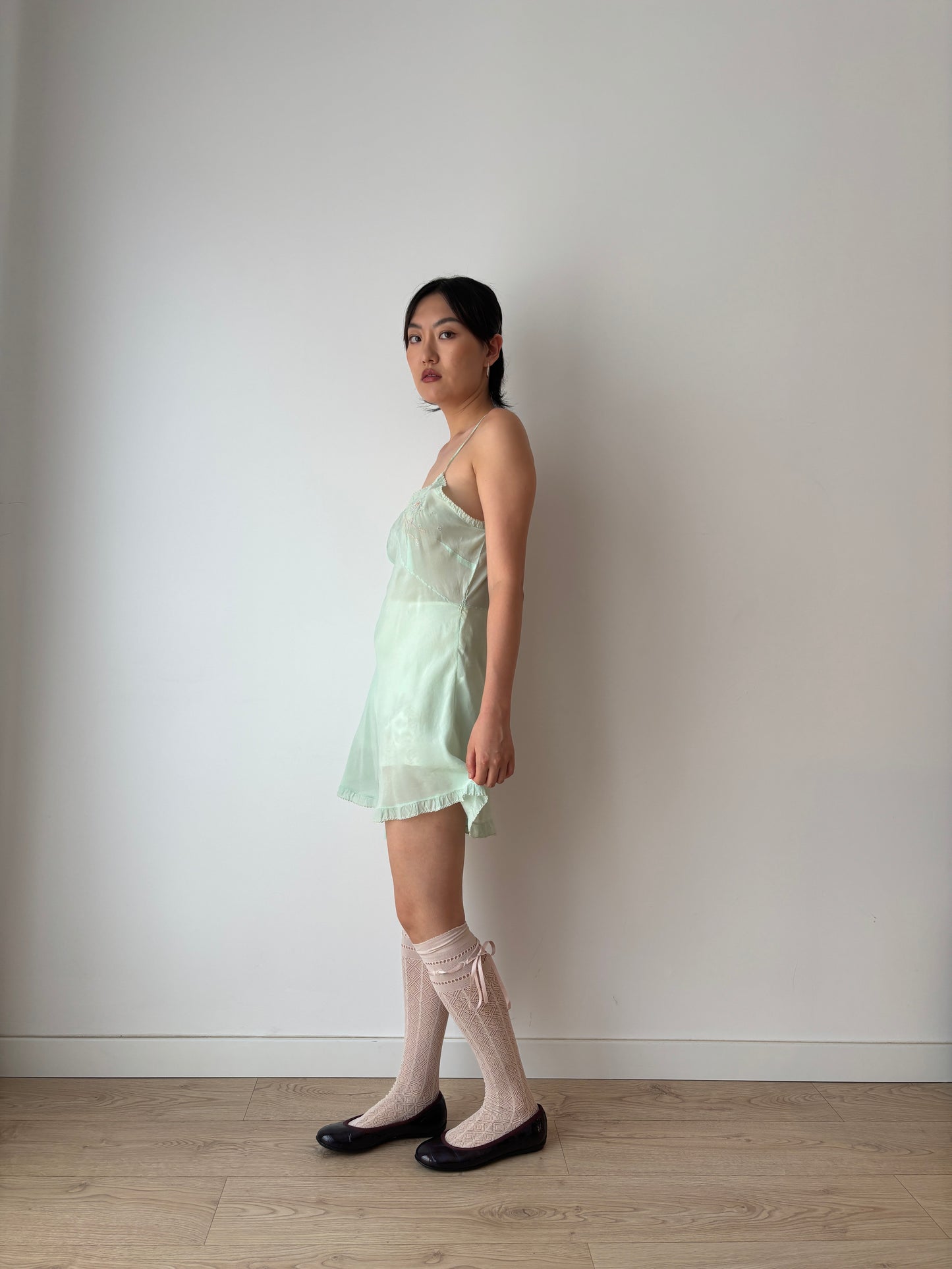 1920s Green Silk Step In Romper with Bow Embroidery, Antique Boudoir Romantic Mini Lace Jumpsuit