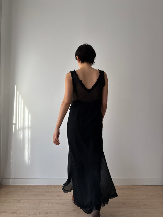 Y2K Black Sheer Silk Chiffon Nightgown: V-Neck, Front Opening & Ruffled Hem