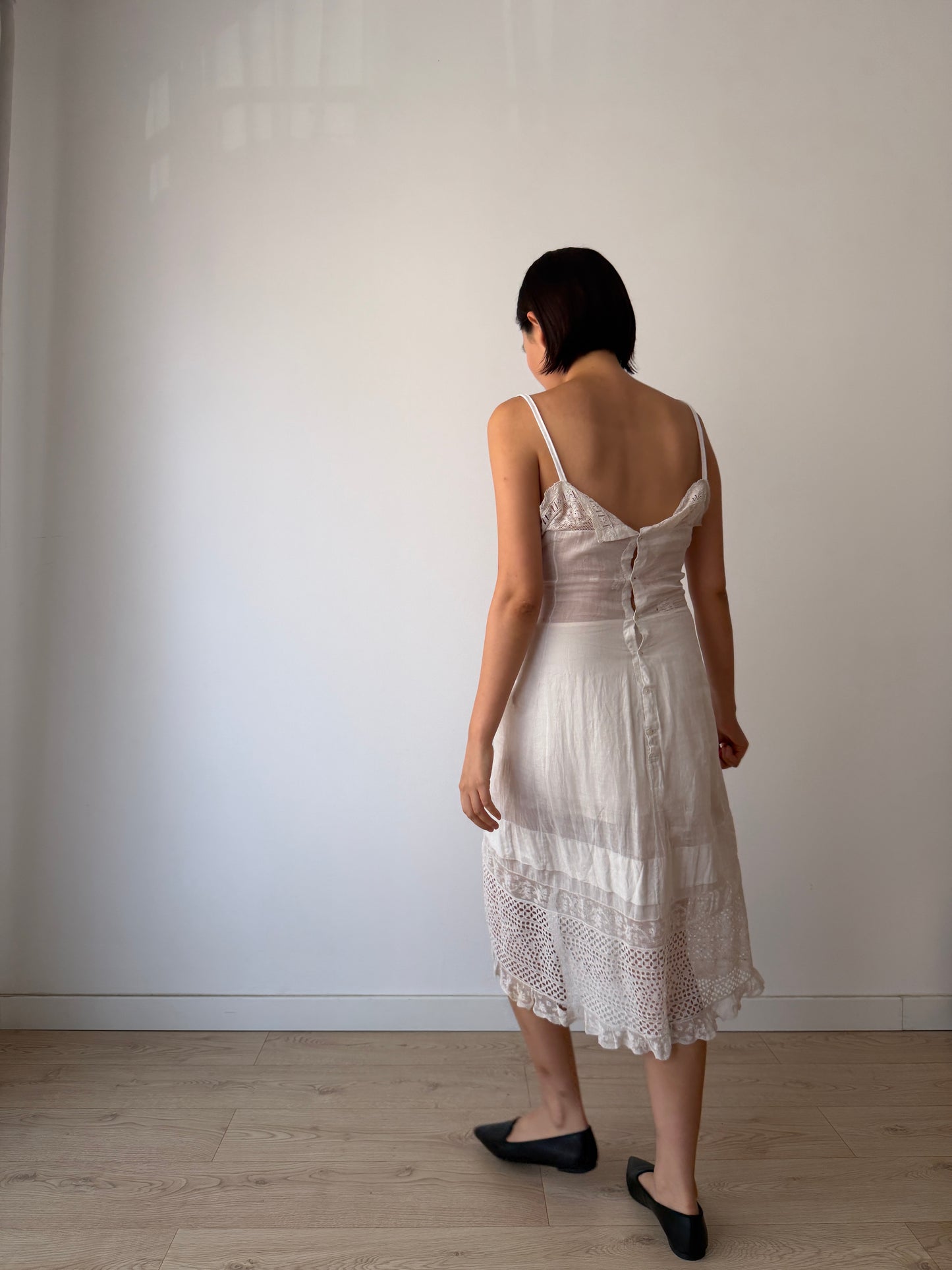 Antique Edwardian White Cotton Lawn Dress, Lace Embroidered Maxi, Romantic Cottage