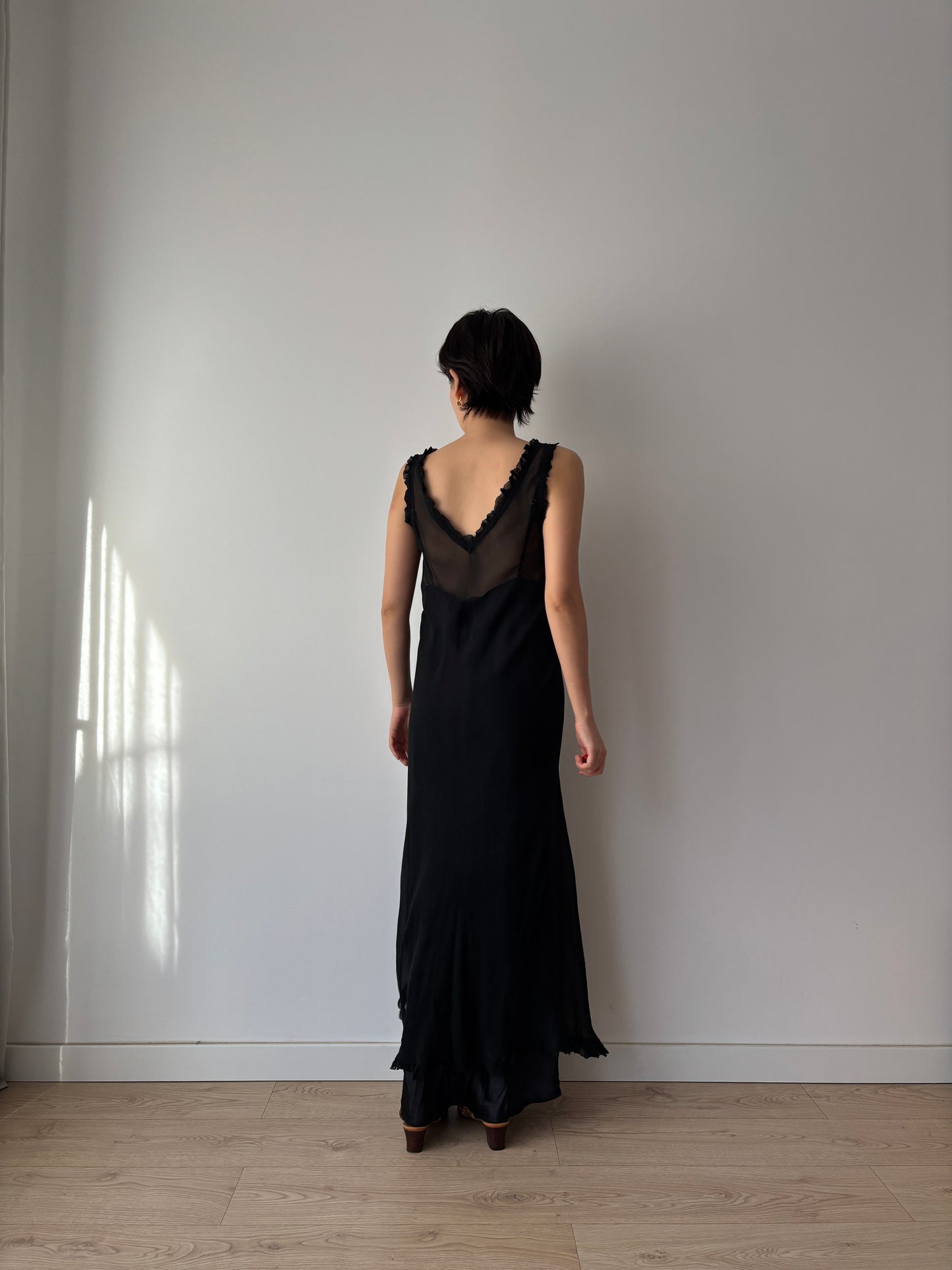 Y2K Black Sheer Silk Chiffon Nightgown: V-Neck, Front Opening & Ruffled Hem
