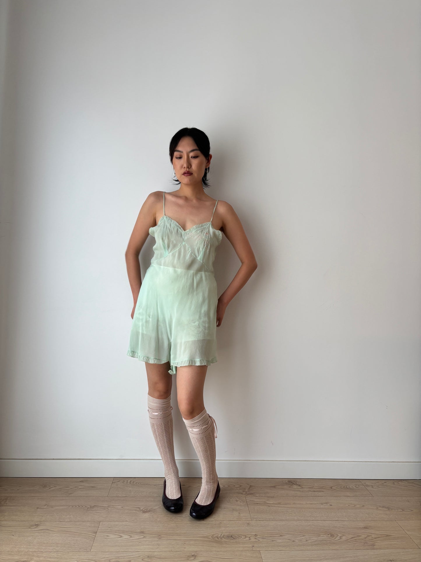 1920s Green Silk Step In Romper with Bow Embroidery, Antique Boudoir Romantic Mini Lace Jumpsuit