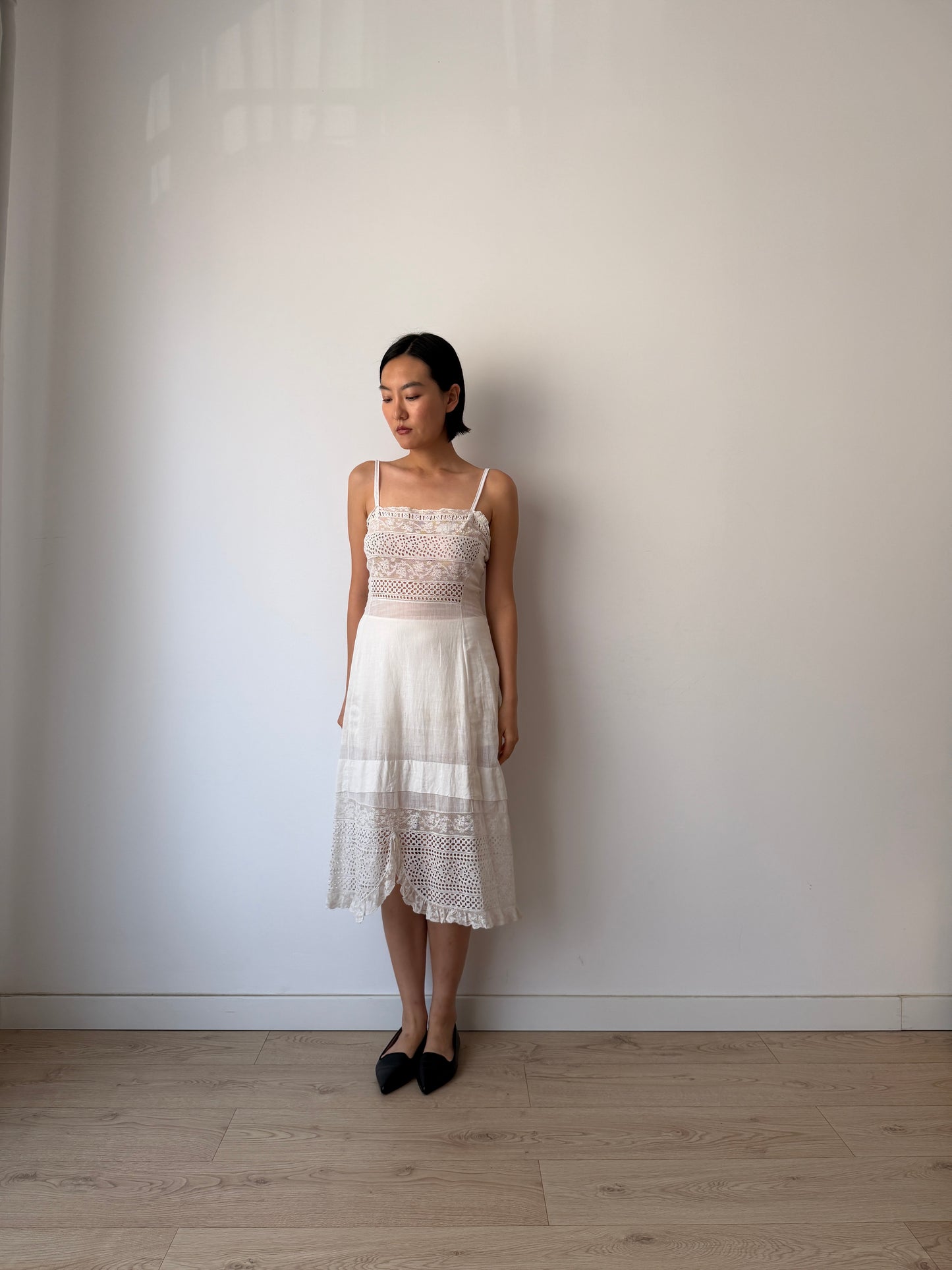 Antique Edwardian White Cotton Lawn Dress, Lace Embroidered Maxi, Romantic Cottage