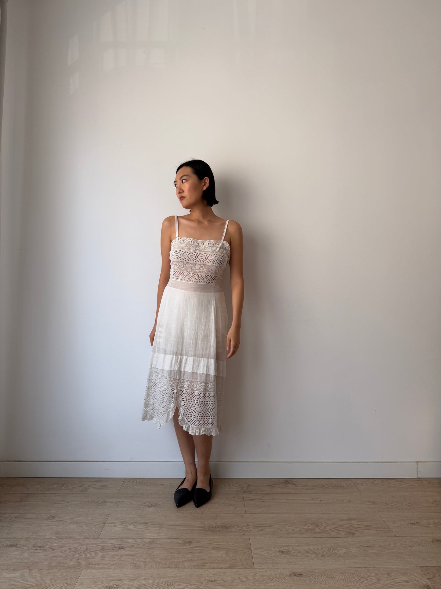 Antique Edwardian White Cotton Lawn Dress, Lace Embroidered Maxi, Romantic Cottage
