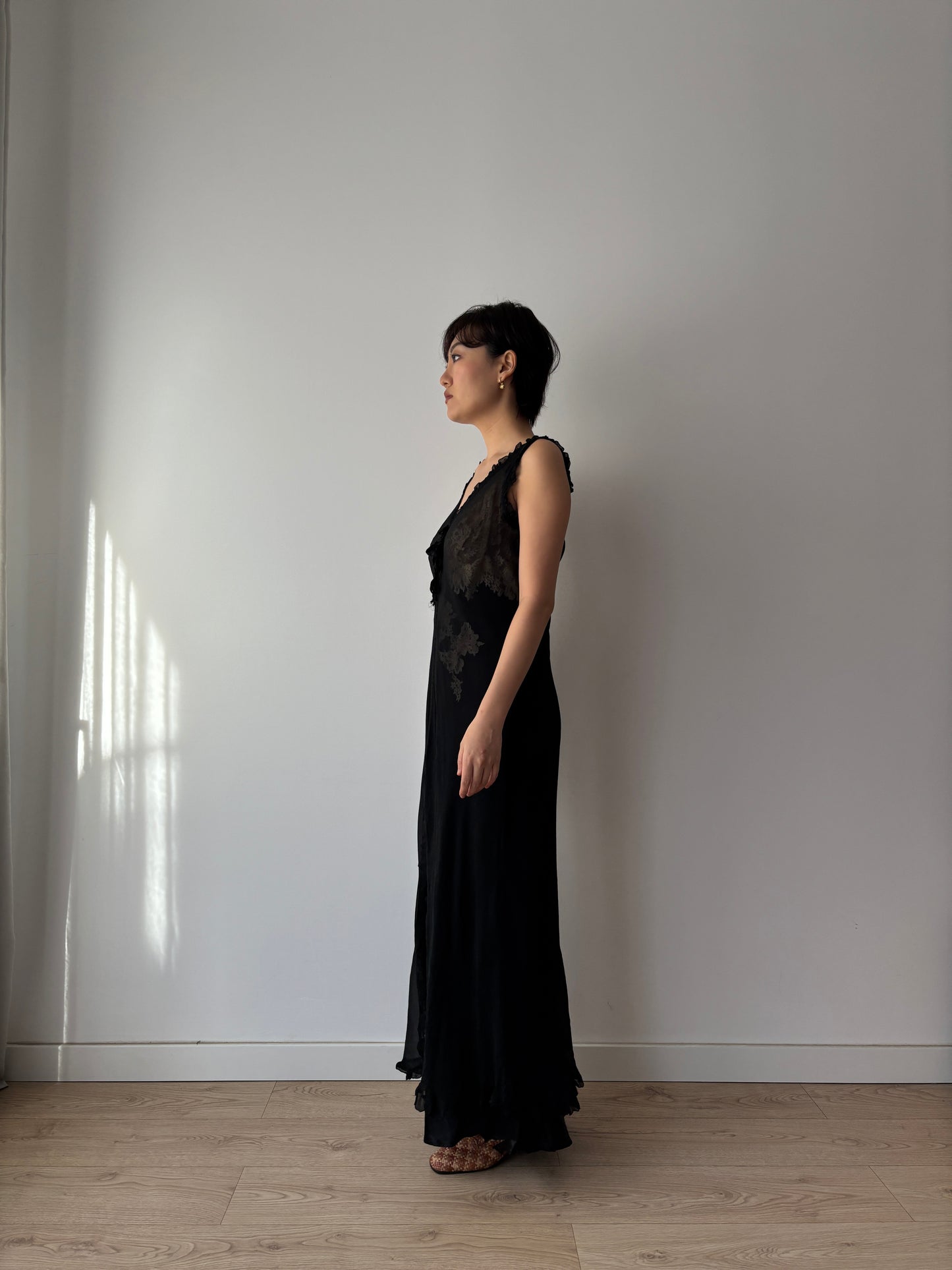 Y2K Black Sheer Silk Chiffon Nightgown: V-Neck, Front Opening & Ruffled Hem