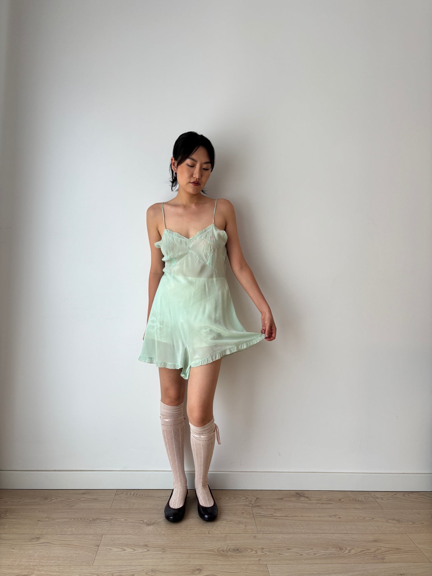 1920s Green Silk Step In Romper with Bow Embroidery, Antique Boudoir Romantic Mini Lace Jumpsuit