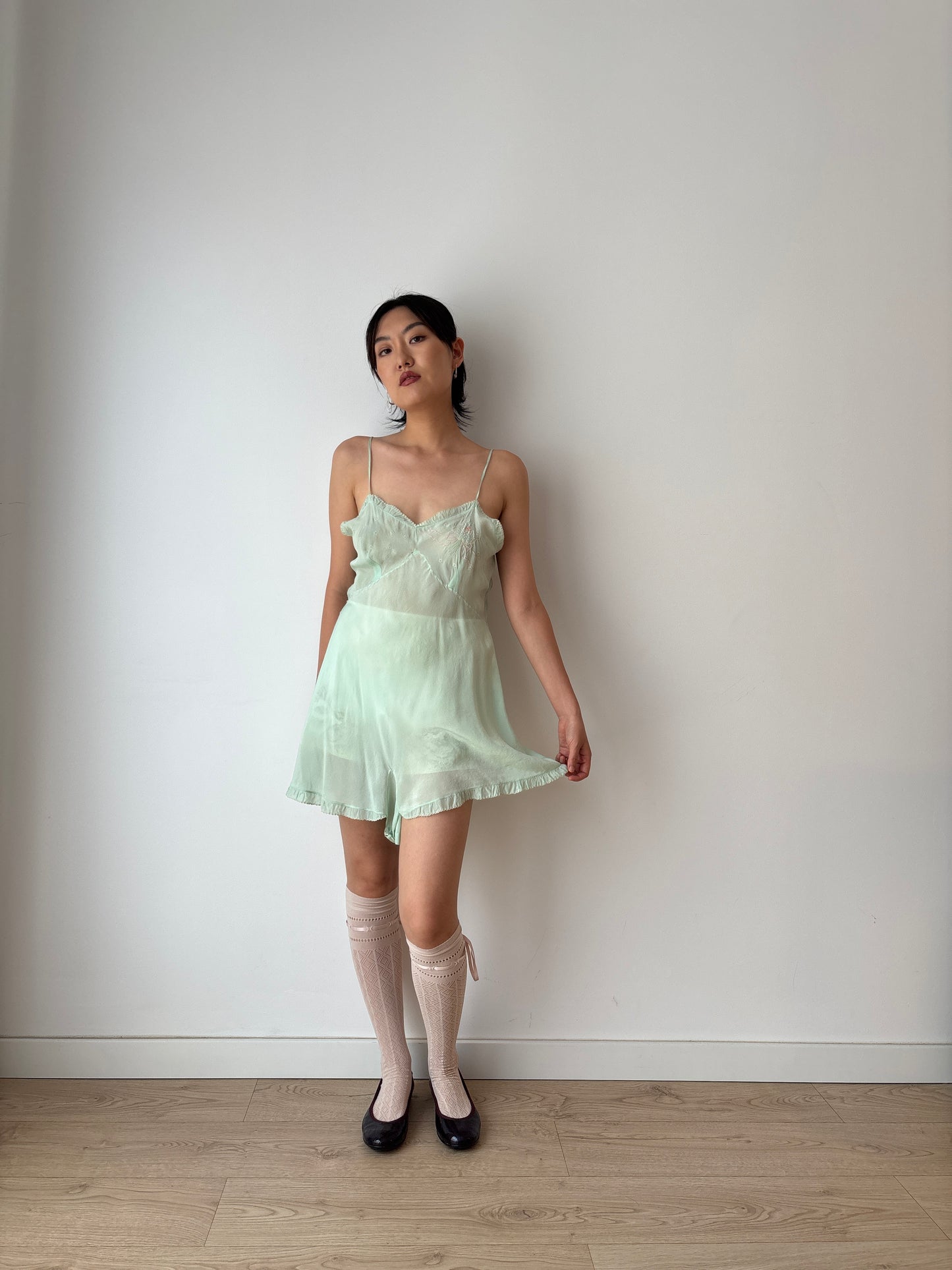 1920s Green Silk Step In Romper with Bow Embroidery, Antique Boudoir Romantic Mini Lace Jumpsuit