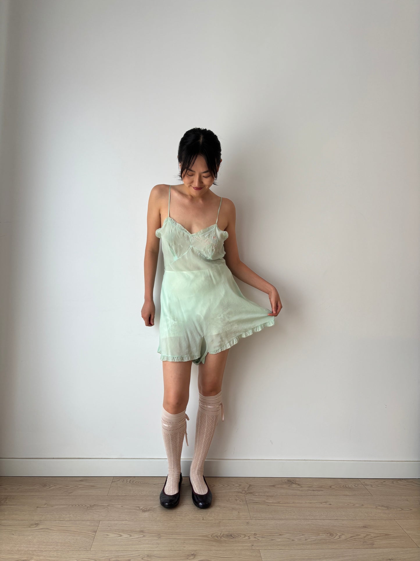 1920s Green Silk Step In Romper with Bow Embroidery, Antique Boudoir Romantic Mini Lace Jumpsuit