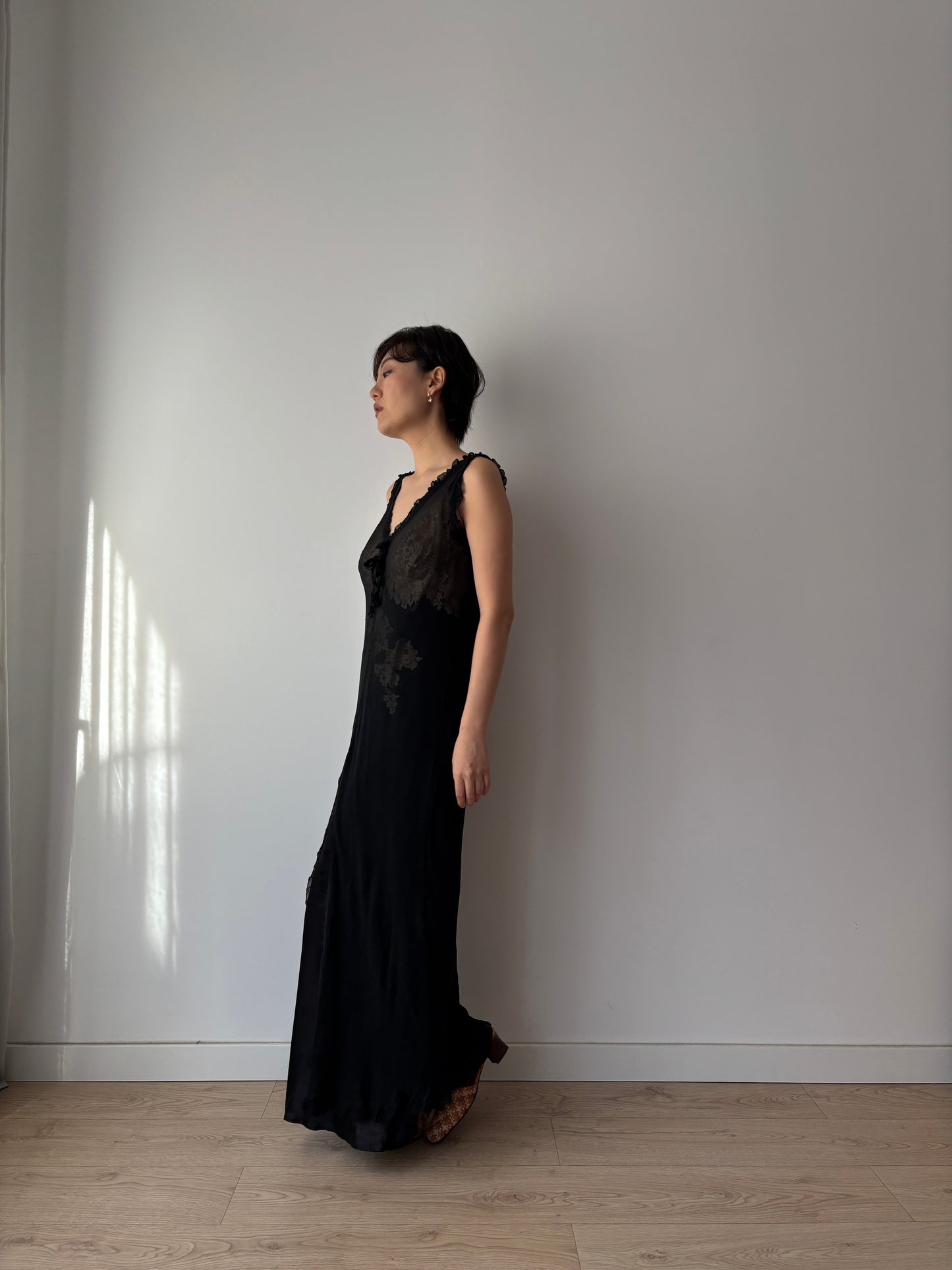 Y2K Black Sheer Silk Chiffon Nightgown: V-Neck, Front Opening & Ruffled Hem