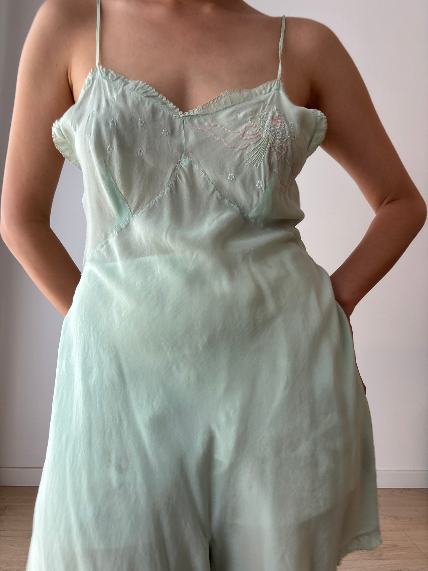 1920s Green Silk Step In Romper with Bow Embroidery, Antique Boudoir Romantic Mini Lace Jumpsuit