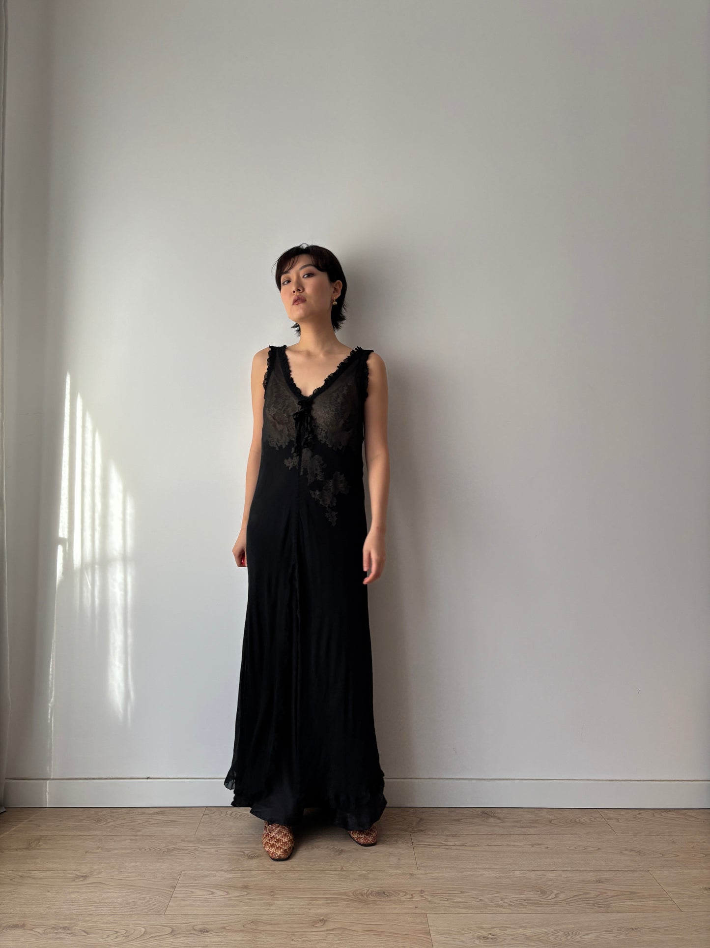 Y2K Black Sheer Silk Chiffon Nightgown: V-Neck, Front Opening & Ruffled Hem