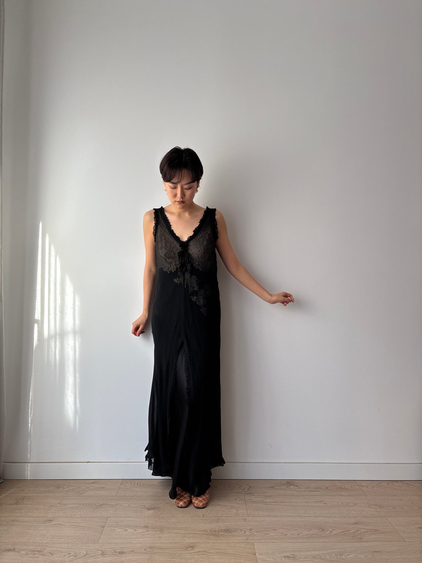 Y2K Black Sheer Silk Chiffon Nightgown: V-Neck, Front Opening & Ruffled Hem