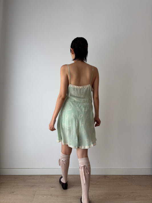 1920s Green Print Silk Step In Romper with Lace Trim, Antique Boudoir Nightie Romantic Mini Lace Playsuit Jumpsuit