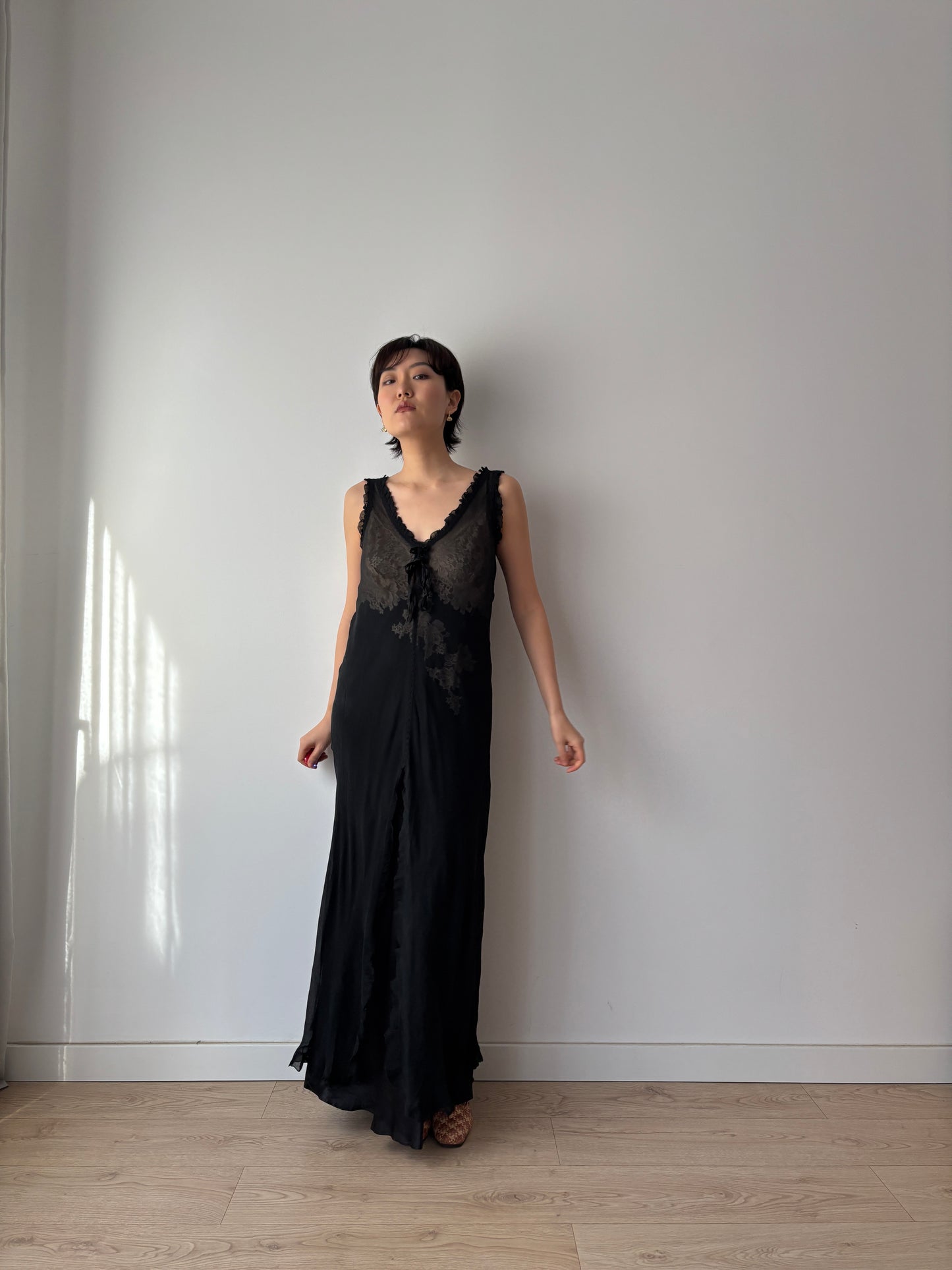 Y2K Black Sheer Silk Chiffon Nightgown: V-Neck, Front Opening & Ruffled Hem