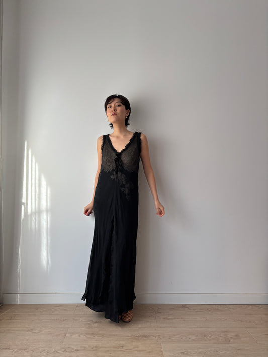 Y2K Black Sheer Silk Chiffon Nightgown: V-Neck, Front Opening & Ruffled Hem