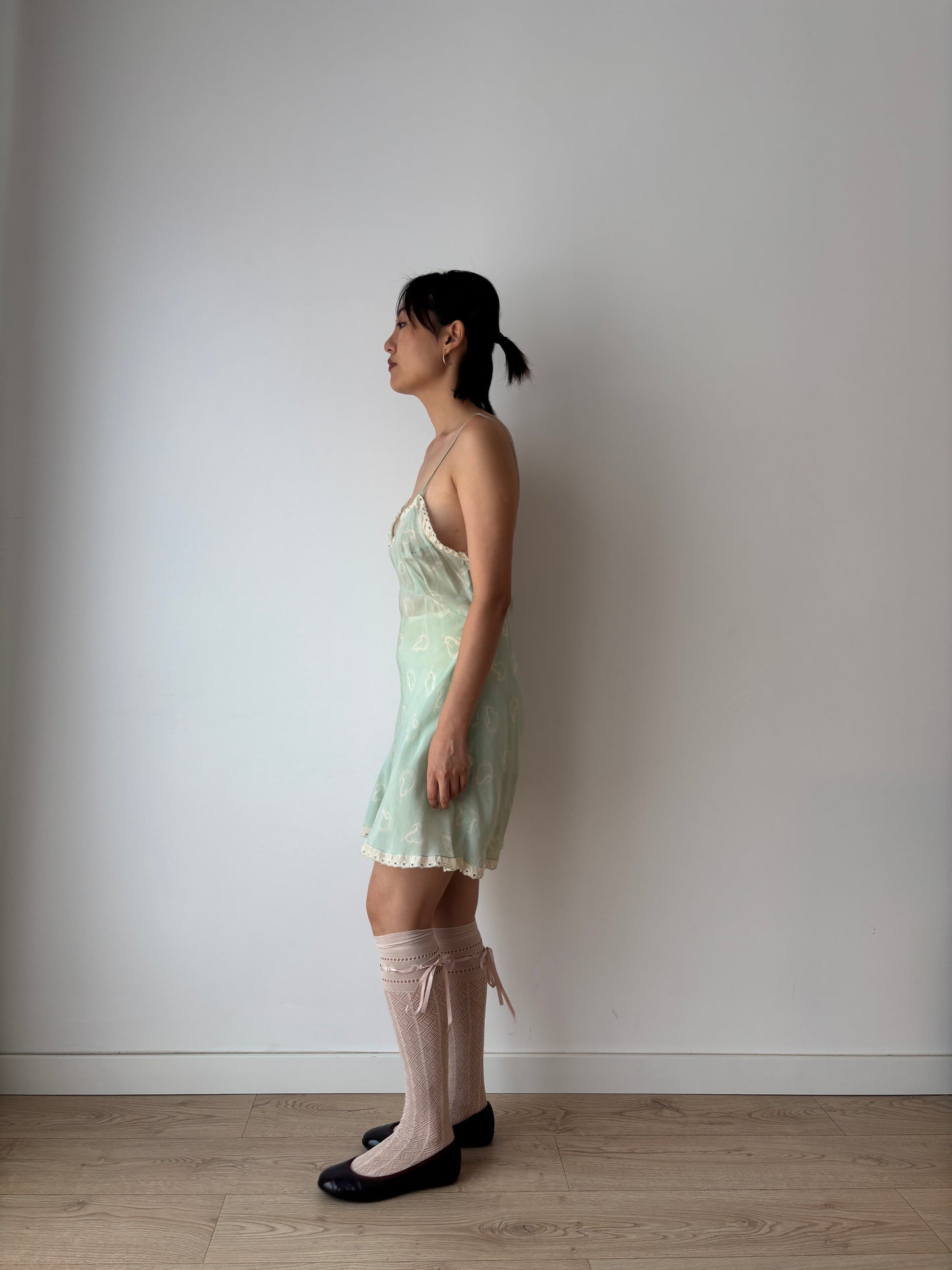 1920s Green Print Silk Step In Romper with Lace Trim, Antique Boudoir Nightie Romantic Mini Lace Playsuit Jumpsuit