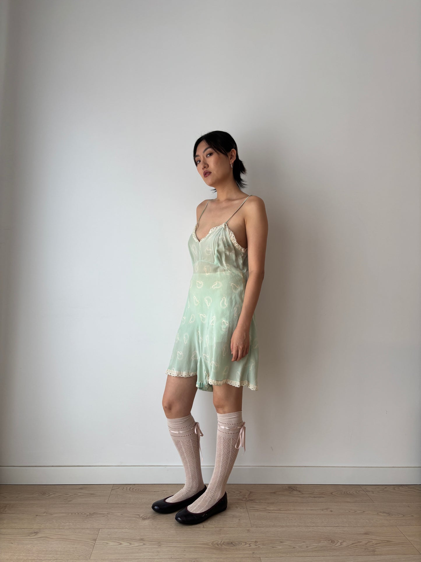 1920s Green Print Silk Step In Romper with Lace Trim, Antique Boudoir Nightie Romantic Mini Lace Playsuit Jumpsuit