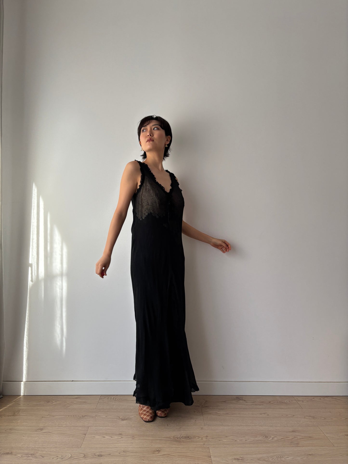 Y2K Black Sheer Silk Chiffon Nightgown: V-Neck, Front Opening & Ruffled Hem