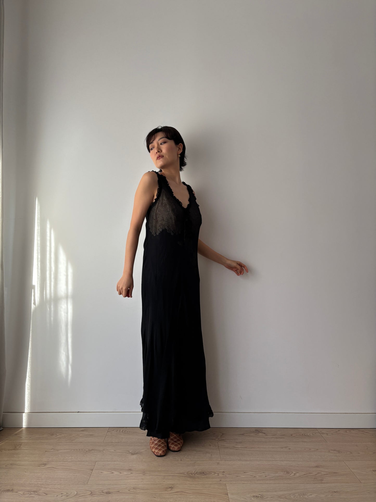 Y2K Black Sheer Silk Chiffon Nightgown: V-Neck, Front Opening & Ruffled Hem