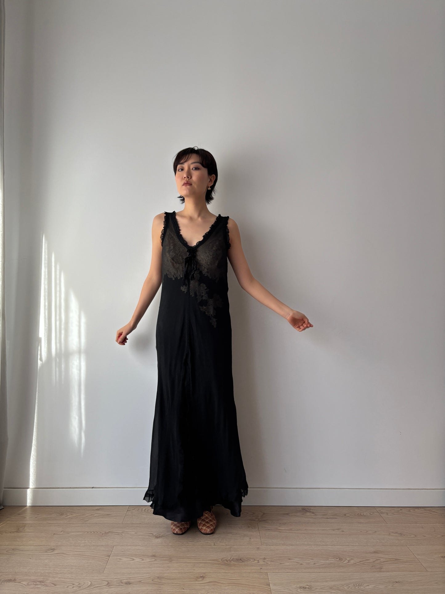 Y2K Black Sheer Silk Chiffon Nightgown: V-Neck, Front Opening & Ruffled Hem