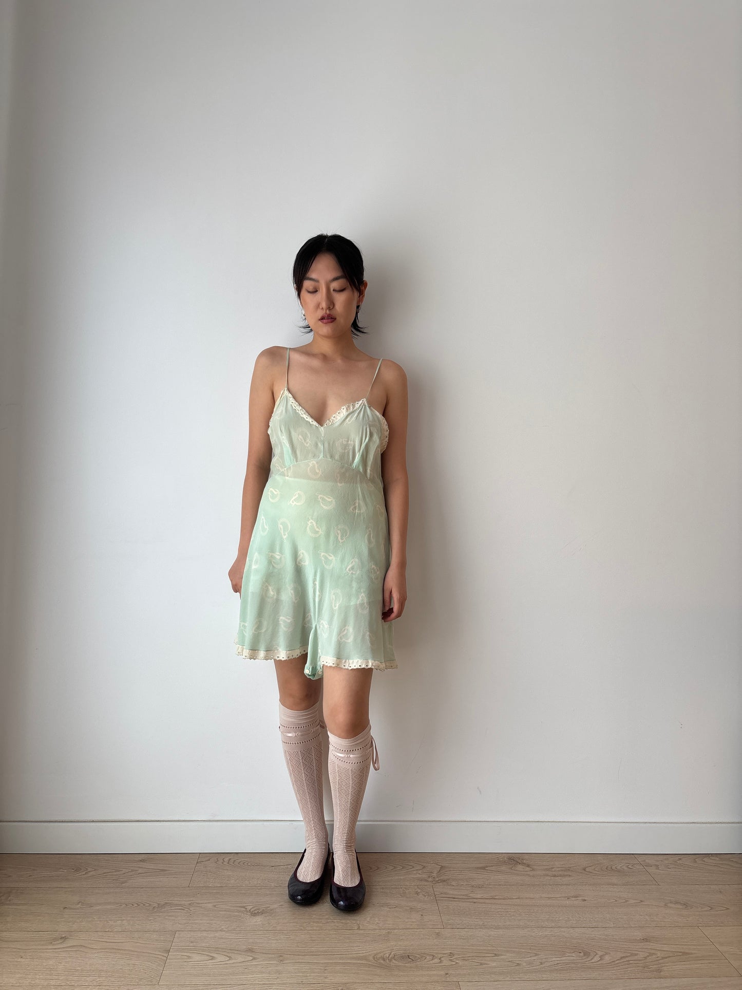 1920s Green Print Silk Step In Romper with Lace Trim, Antique Boudoir Nightie Romantic Mini Lace Playsuit Jumpsuit