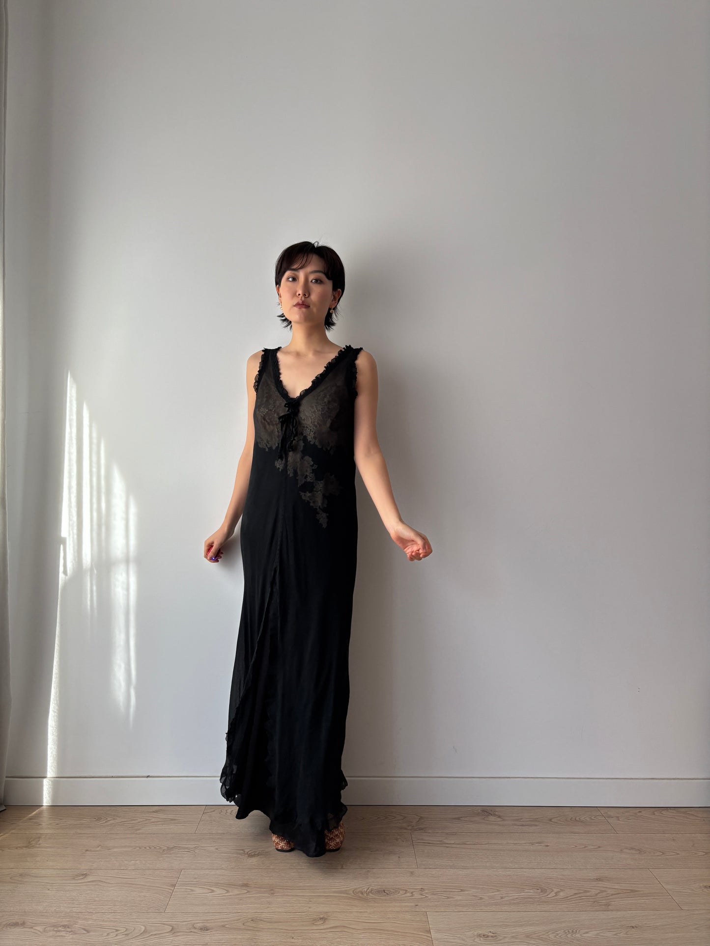 Y2K Black Sheer Silk Chiffon Nightgown: V-Neck, Front Opening & Ruffled Hem