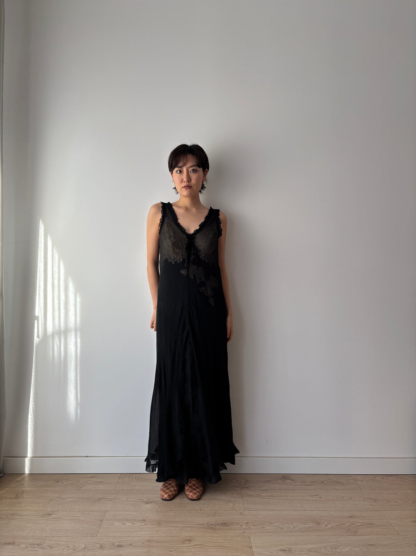 Y2K Black Sheer Silk Chiffon Nightgown: V-Neck, Front Opening & Ruffled Hem