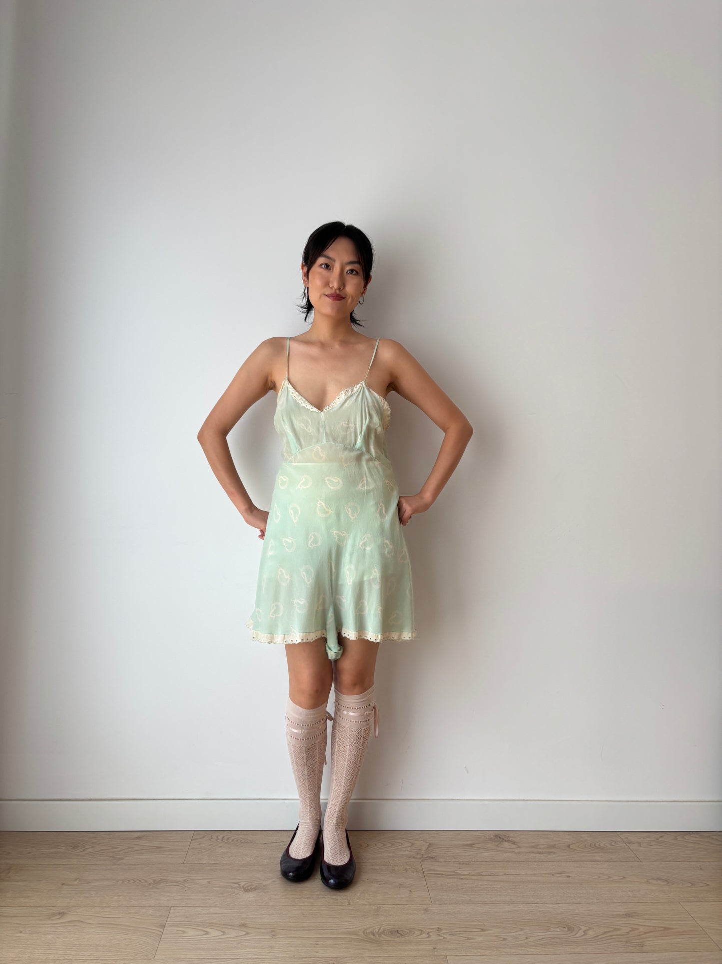 1920s Green Print Silk Step In Romper with Lace Trim, Antique Boudoir Nightie Romantic Mini Lace Playsuit Jumpsuit