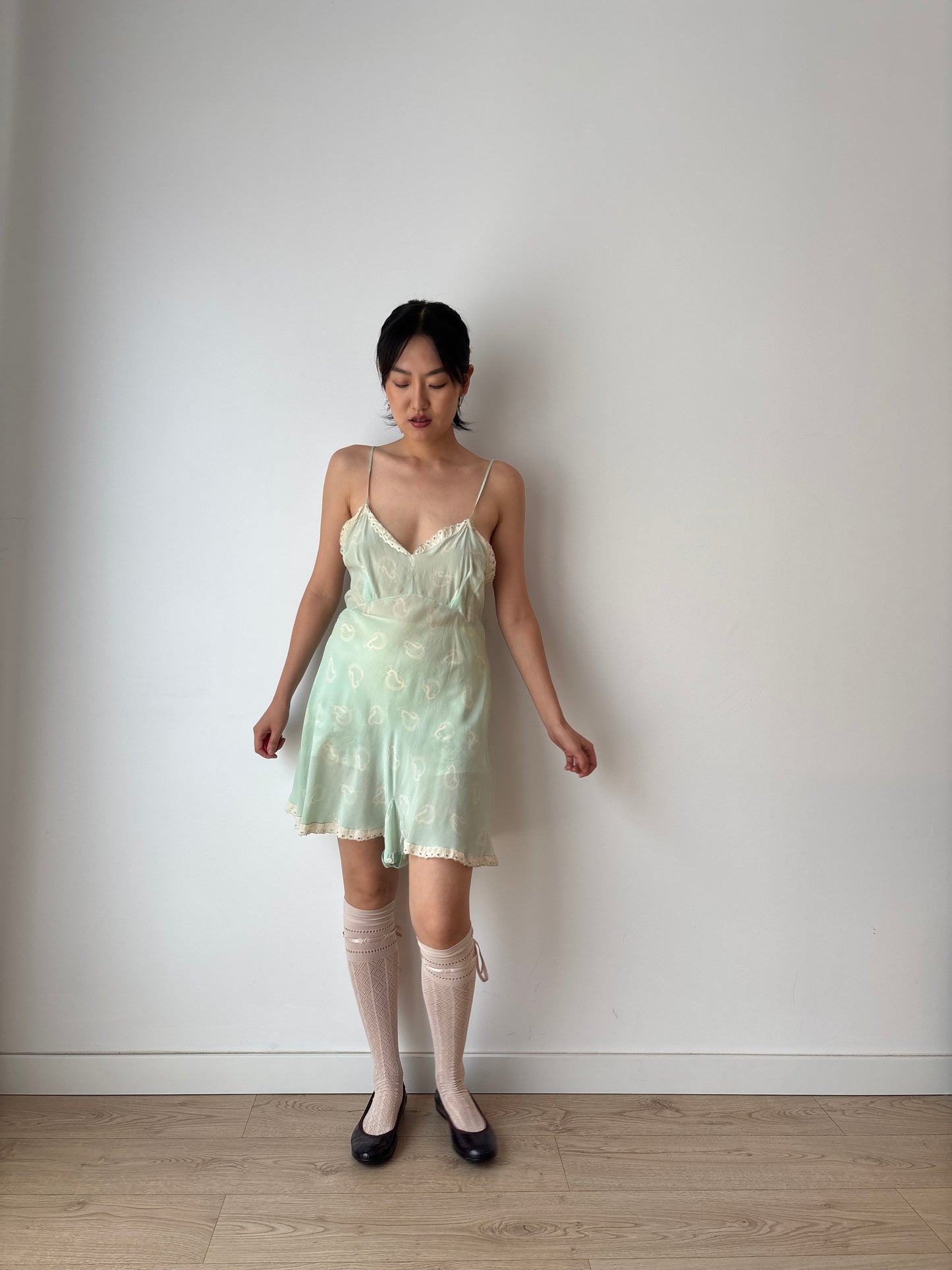 1920s Green Print Silk Step In Romper with Lace Trim, Antique Boudoir Nightie Romantic Mini Lace Playsuit Jumpsuit