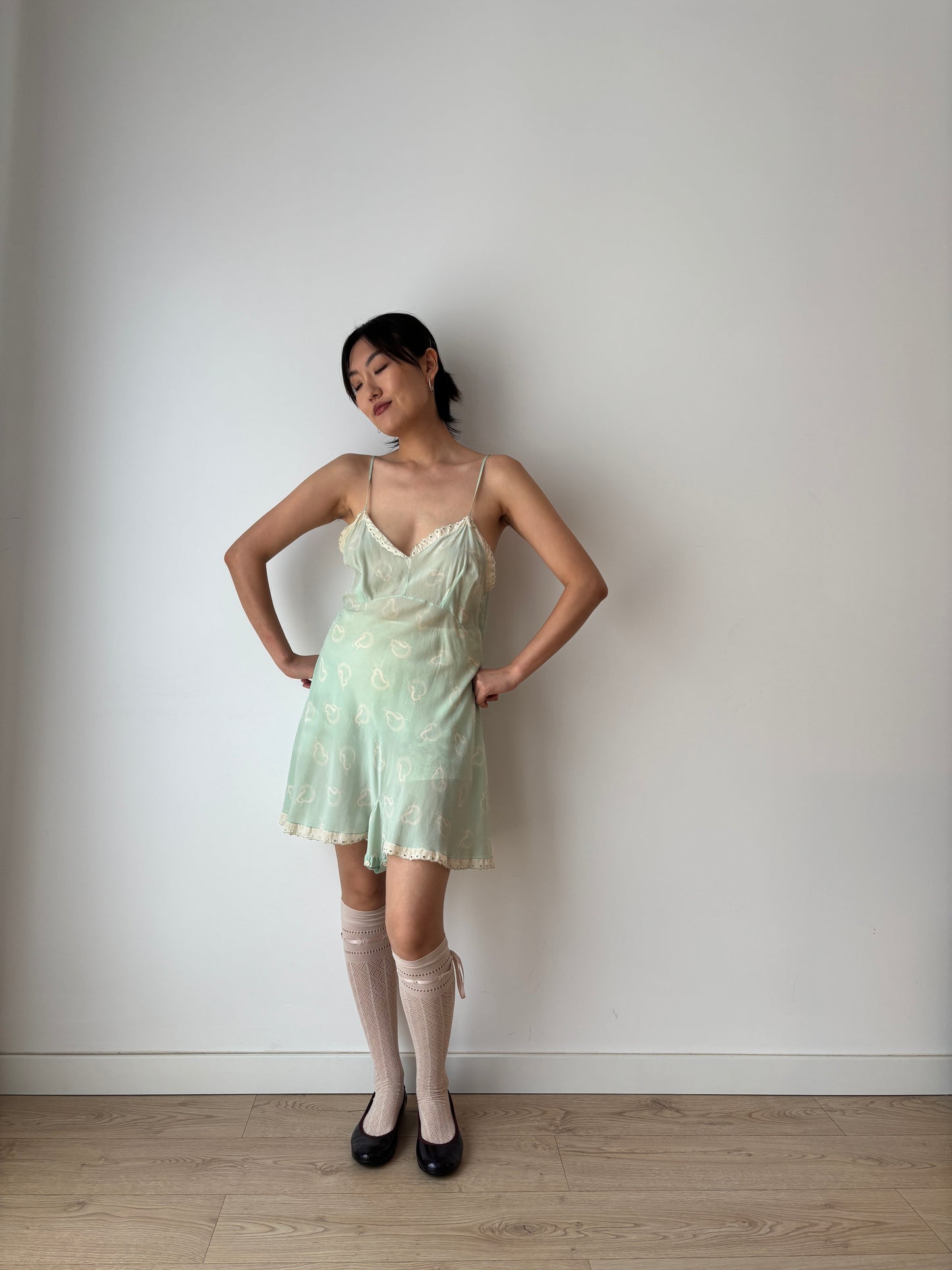 1920s Green Print Silk Step In Romper with Lace Trim, Antique Boudoir Nightie Romantic Mini Lace Playsuit Jumpsuit
