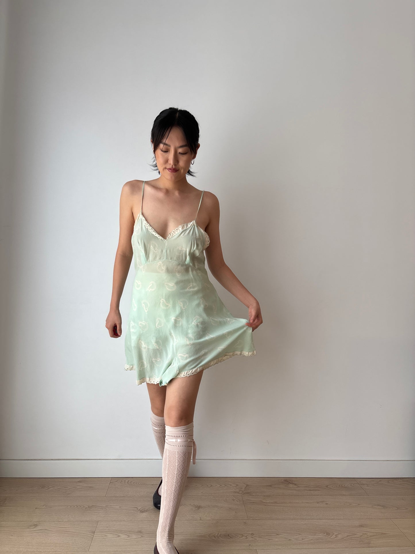 1920s Green Print Silk Step In Romper with Lace Trim, Antique Boudoir Nightie Romantic Mini Lace Playsuit Jumpsuit