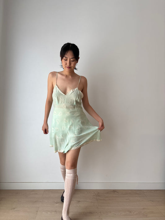 1920s Green Print Silk Step In Romper with Lace Trim, Antique Boudoir Nightie Romantic Mini Lace Playsuit Jumpsuit