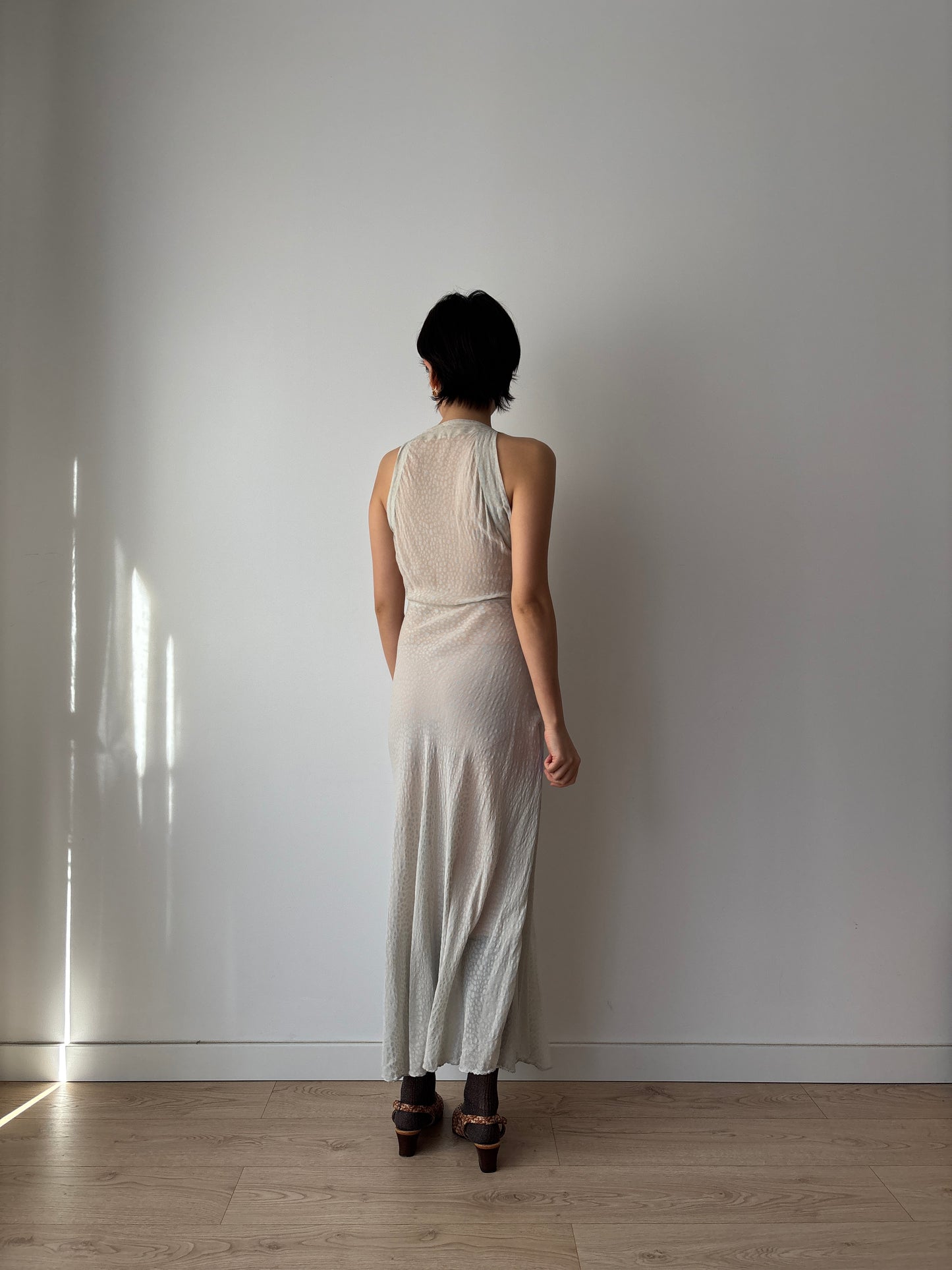 1930s Bias Cut Silk Crepe Gown in Beige: Subtle Blue Floral Print