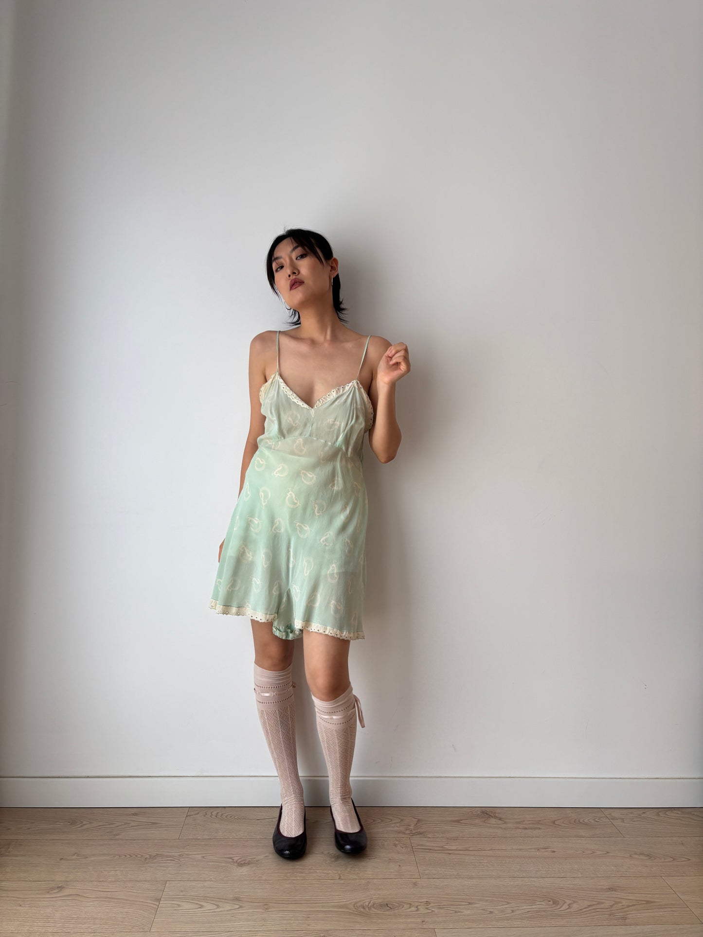 1920s Green Print Silk Step In Romper with Lace Trim, Antique Boudoir Nightie Romantic Mini Lace Playsuit Jumpsuit