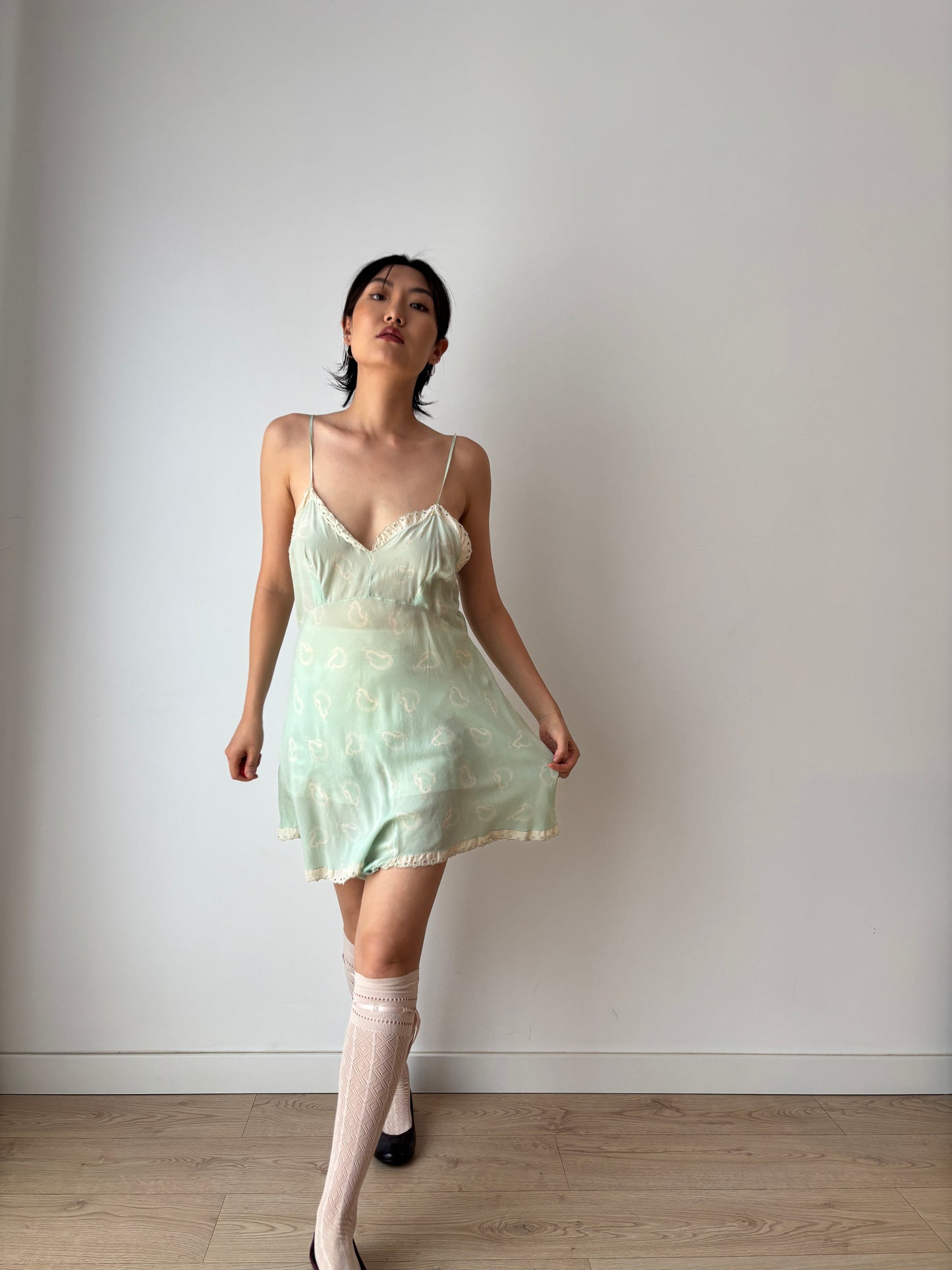 1920s Green Print Silk Step In Romper with Lace Trim, Antique Boudoir Nightie Romantic Mini Lace Playsuit Jumpsuit