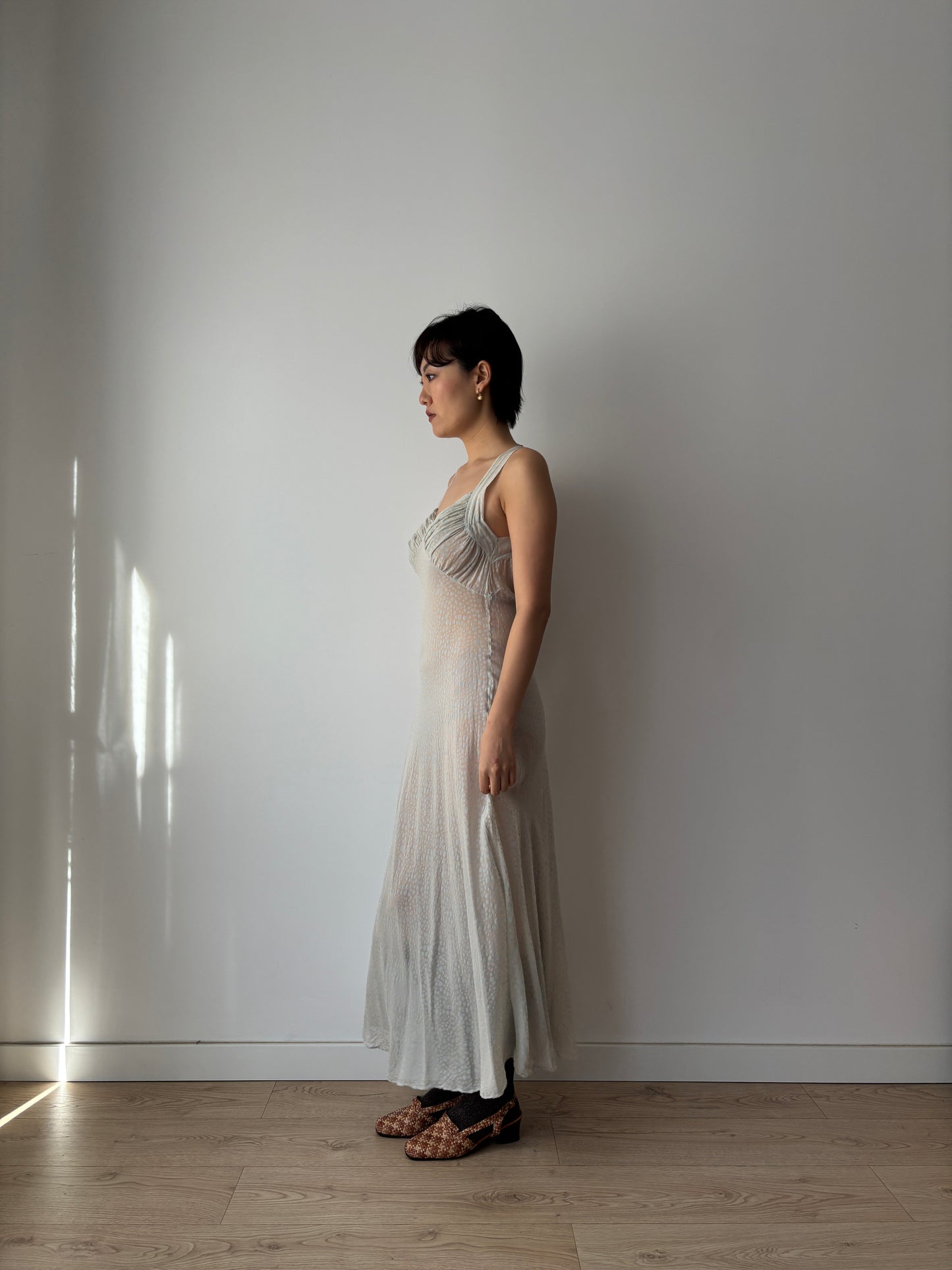 1930s Bias Cut Silk Crepe Gown in Beige: Subtle Blue Floral Print