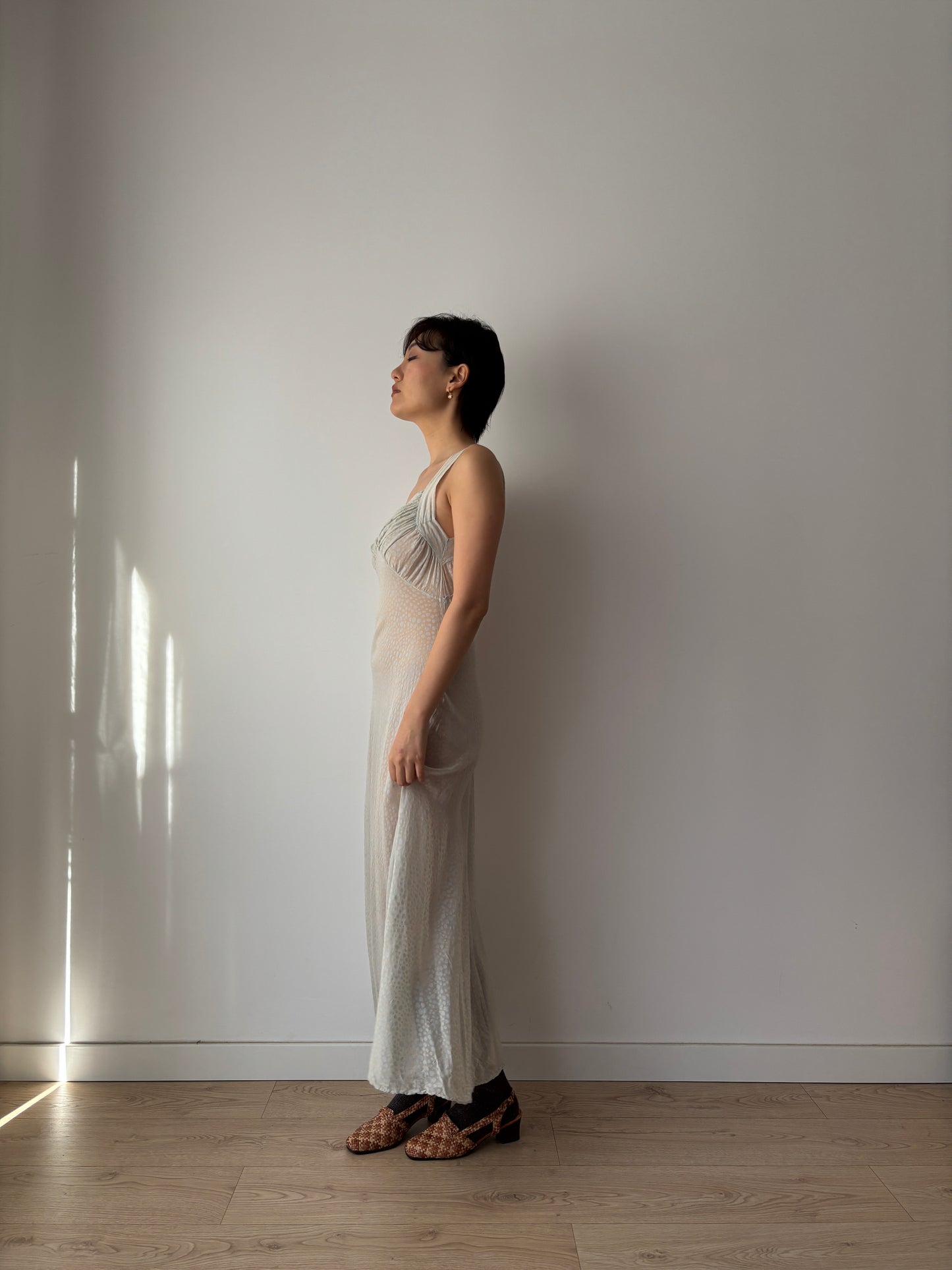 1930s Bias Cut Silk Crepe Gown in Beige: Subtle Blue Floral Print