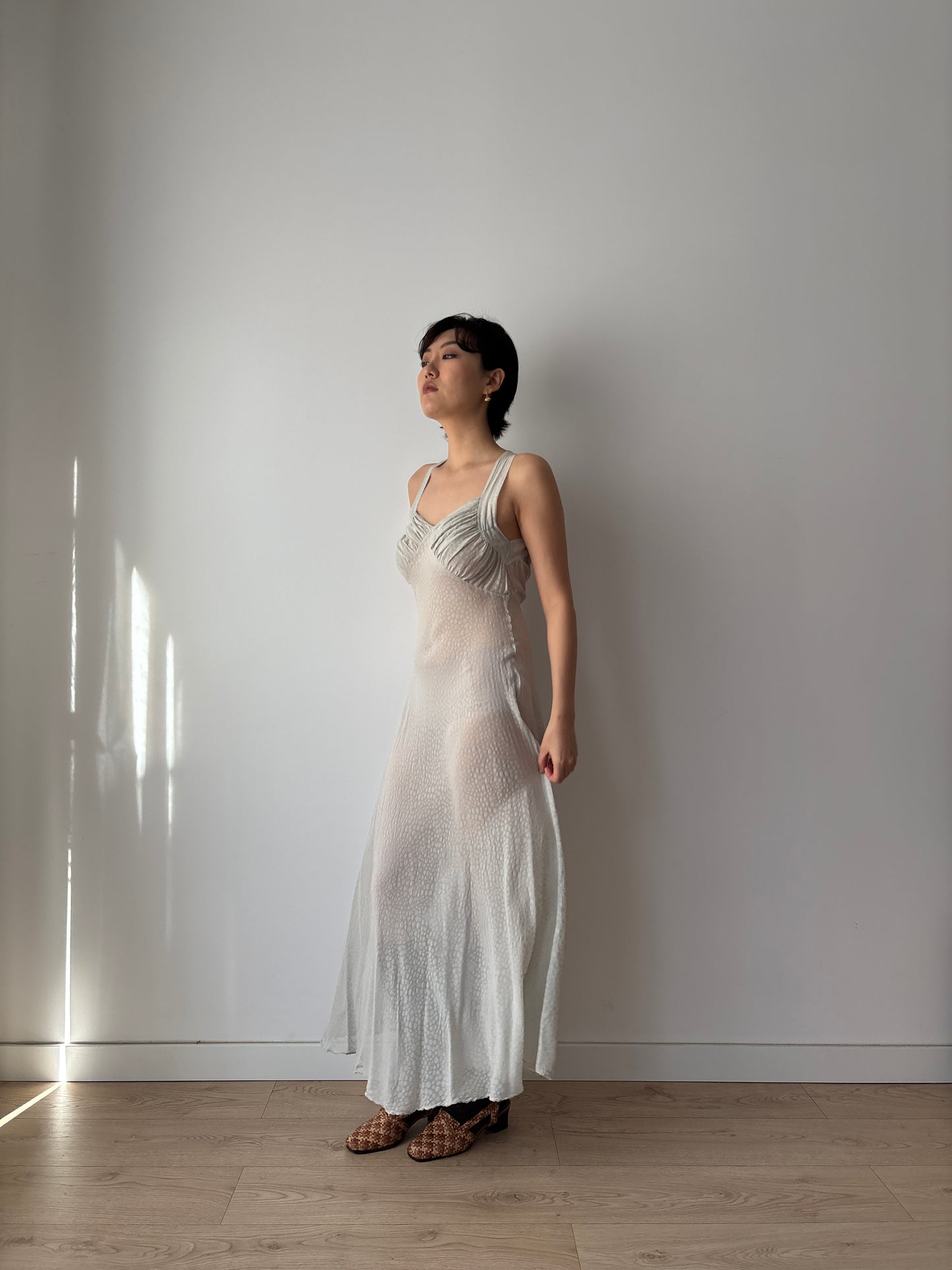 1930s Bias Cut Silk Crepe Gown in Beige: Subtle Blue Floral Print