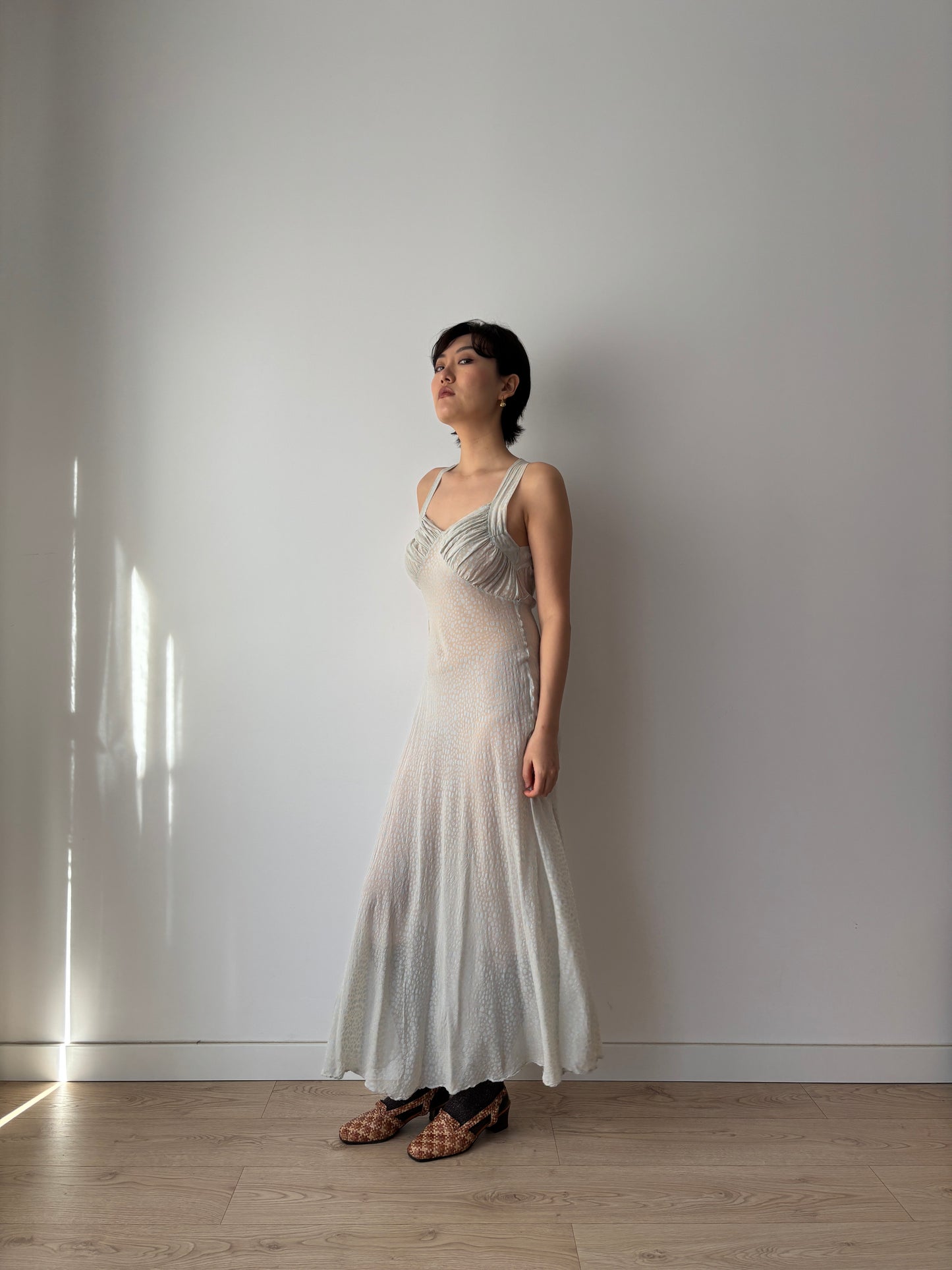 1930s Bias Cut Silk Crepe Gown in Beige: Subtle Blue Floral Print