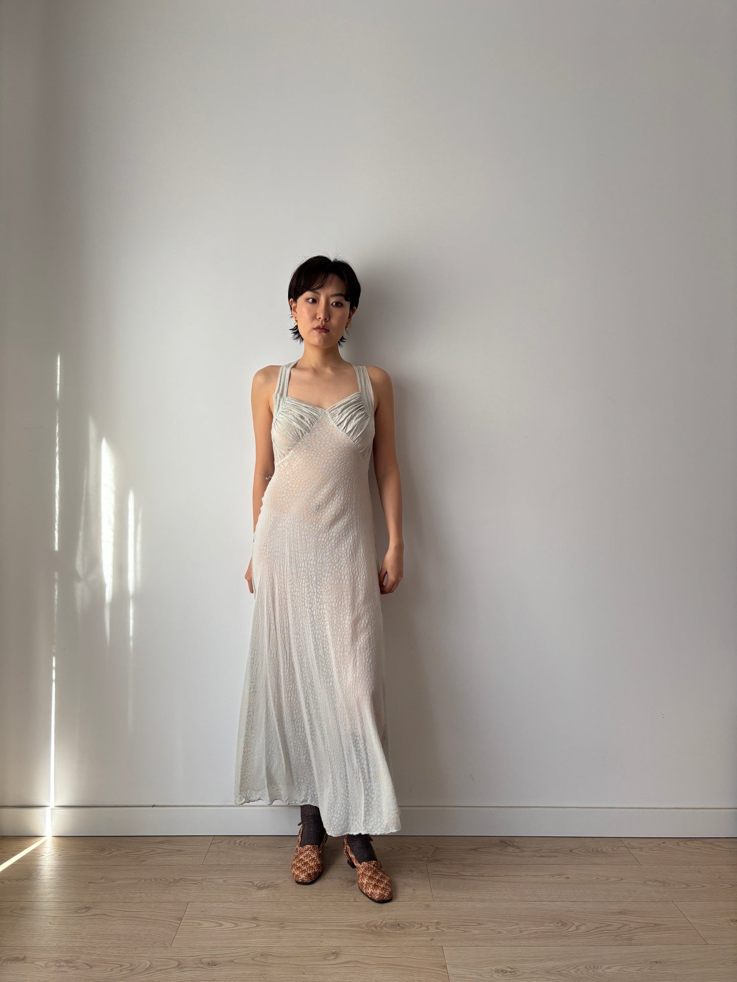 1930s Bias Cut Silk Crepe Gown in Beige: Subtle Blue Floral Print